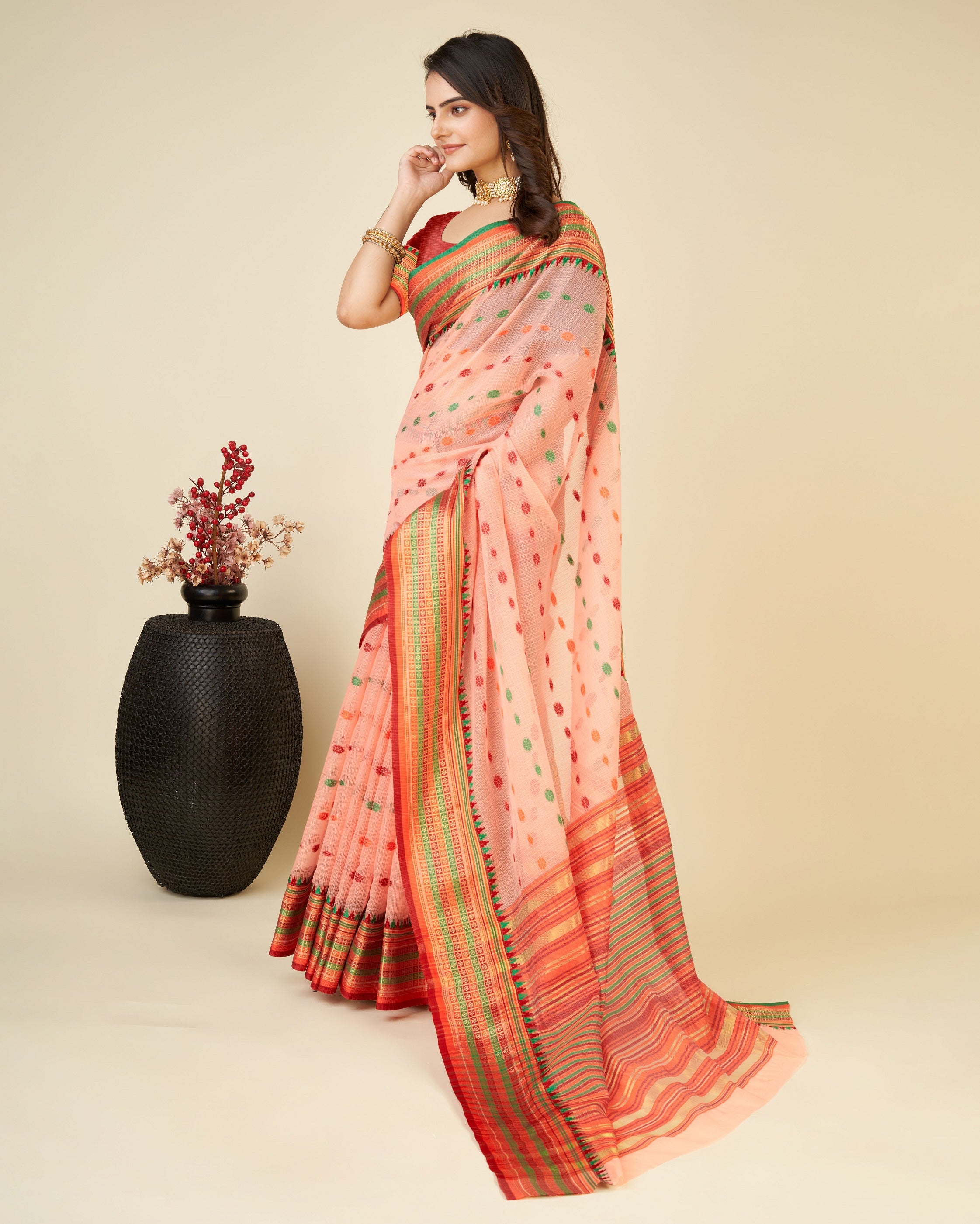 Vedant Vastram Soft Art Silk Silk Jacquard Fancy Saree - Peach - Distacart