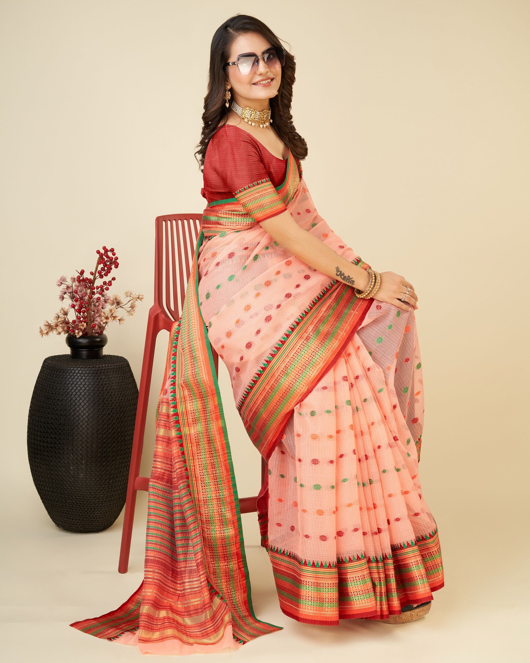 Vedant Vastram Soft Art Silk Silk Jacquard Fancy Saree - Peach - Distacart