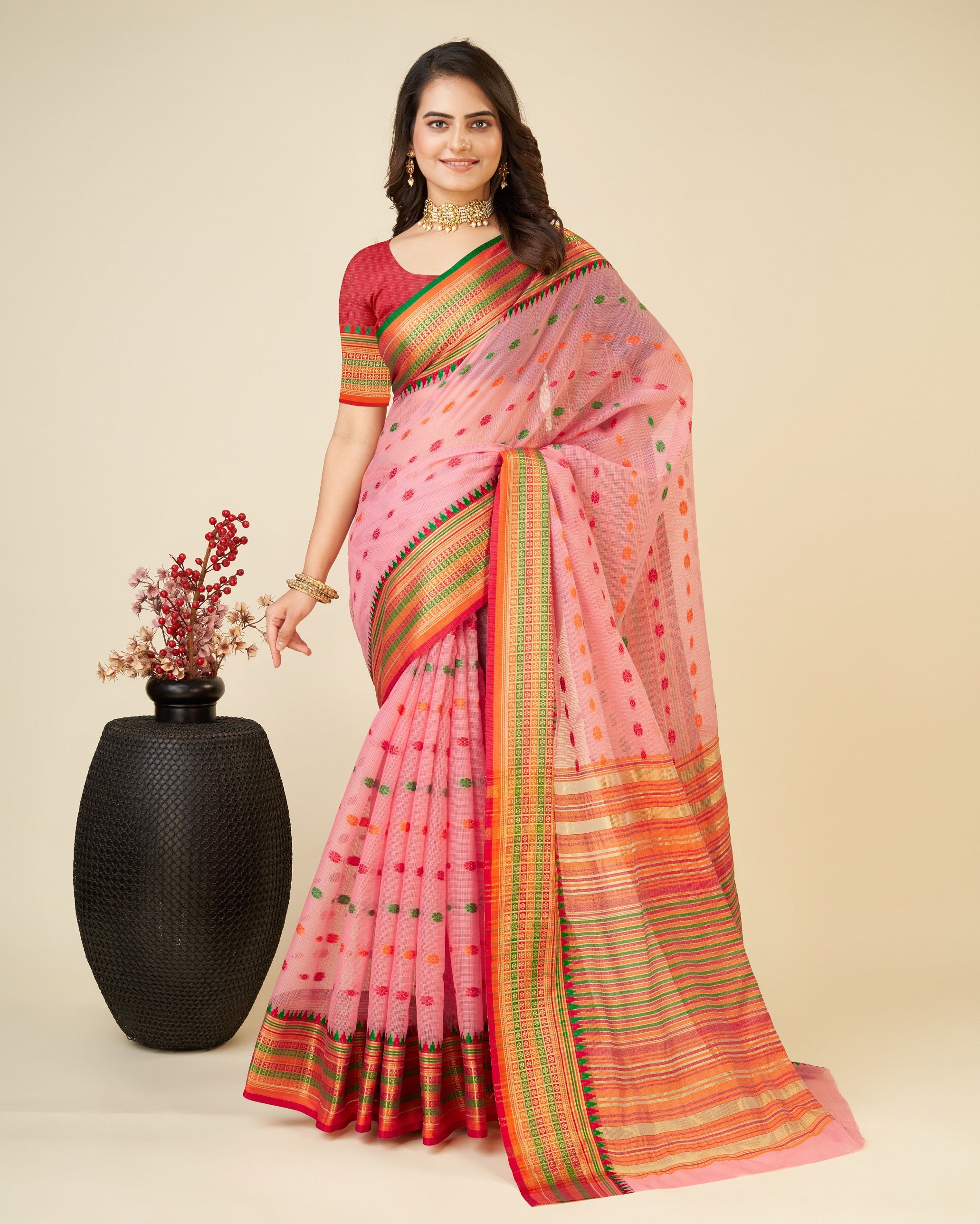 Vedant Vastram Soft Art Silk Silk Jacquard Fancy Saree - Pink - Distacart