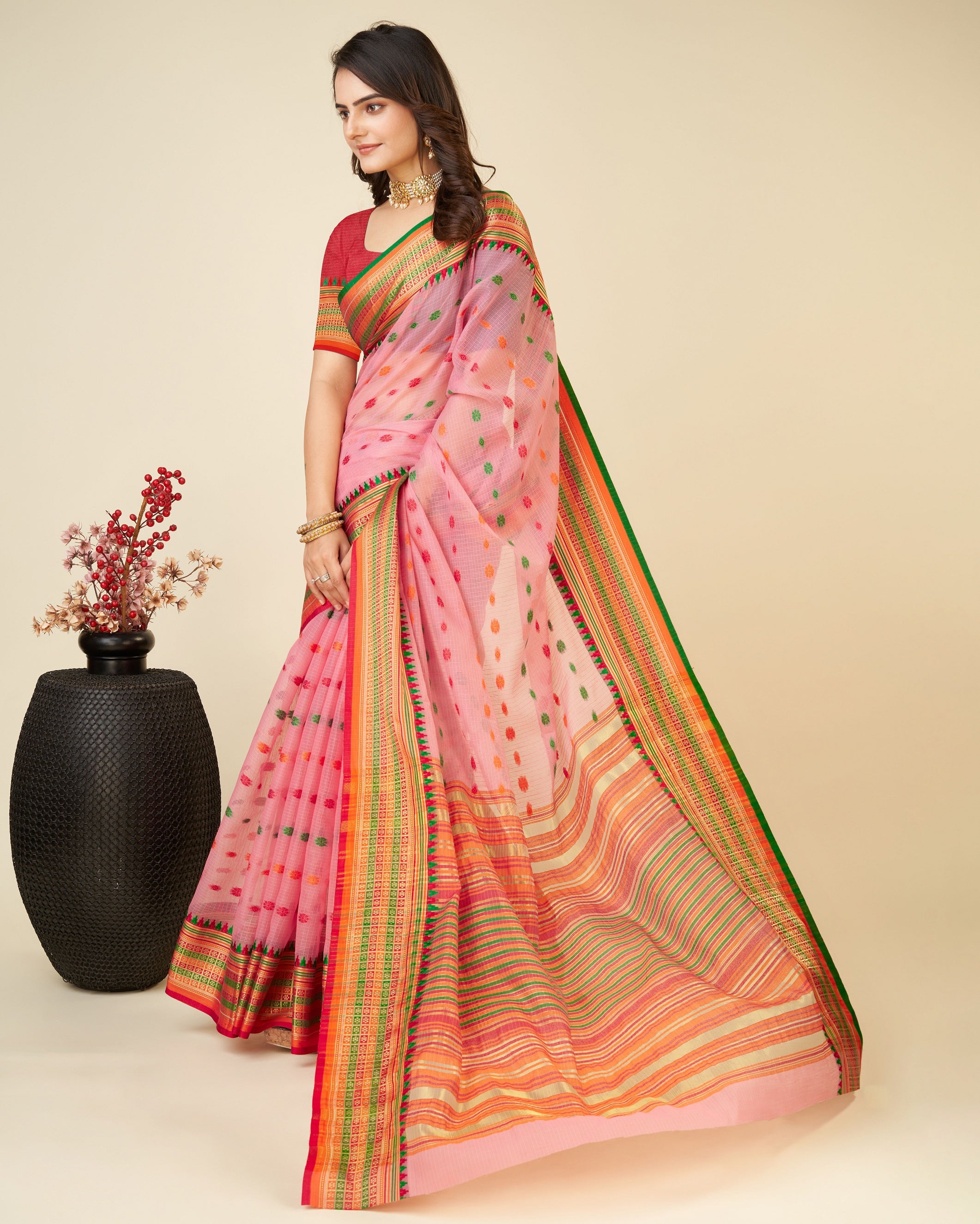 Vedant Vastram Soft Art Silk Silk Jacquard Fancy Saree - Pink - Distacart