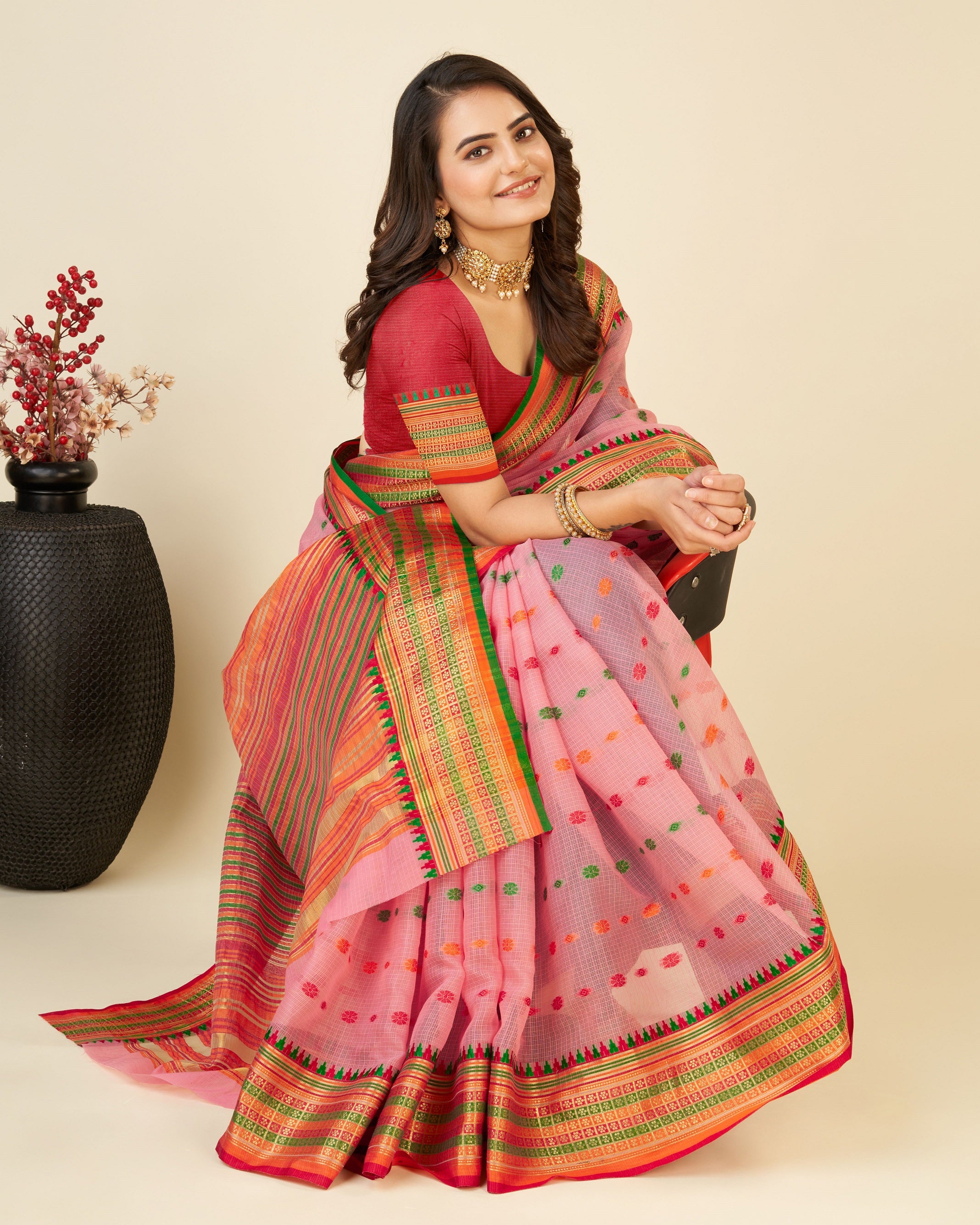 Vedant Vastram Soft Art Silk Silk Jacquard Fancy Saree - Pink - Distacart