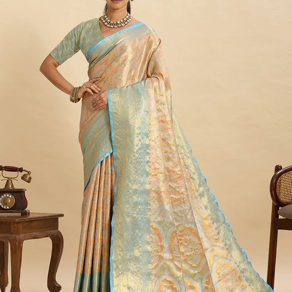 Vedant Vastram Soft Litchi Silk Banarasi Silk Jacquard Saree - Aqua - Dista