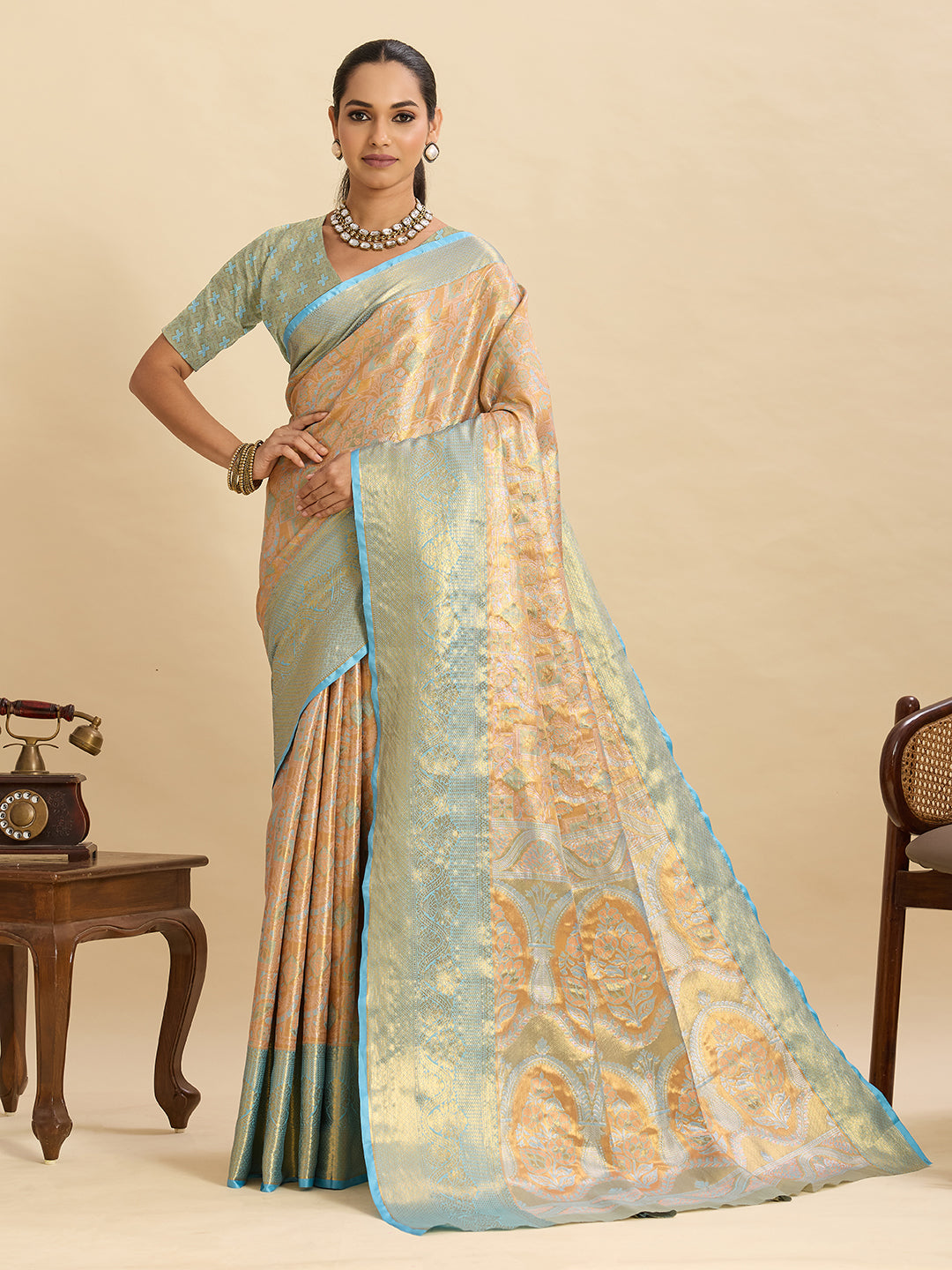 Vedant Vastram Soft Litchi Silk Banarasi Silk Jacquard Saree - Aqua - Dista