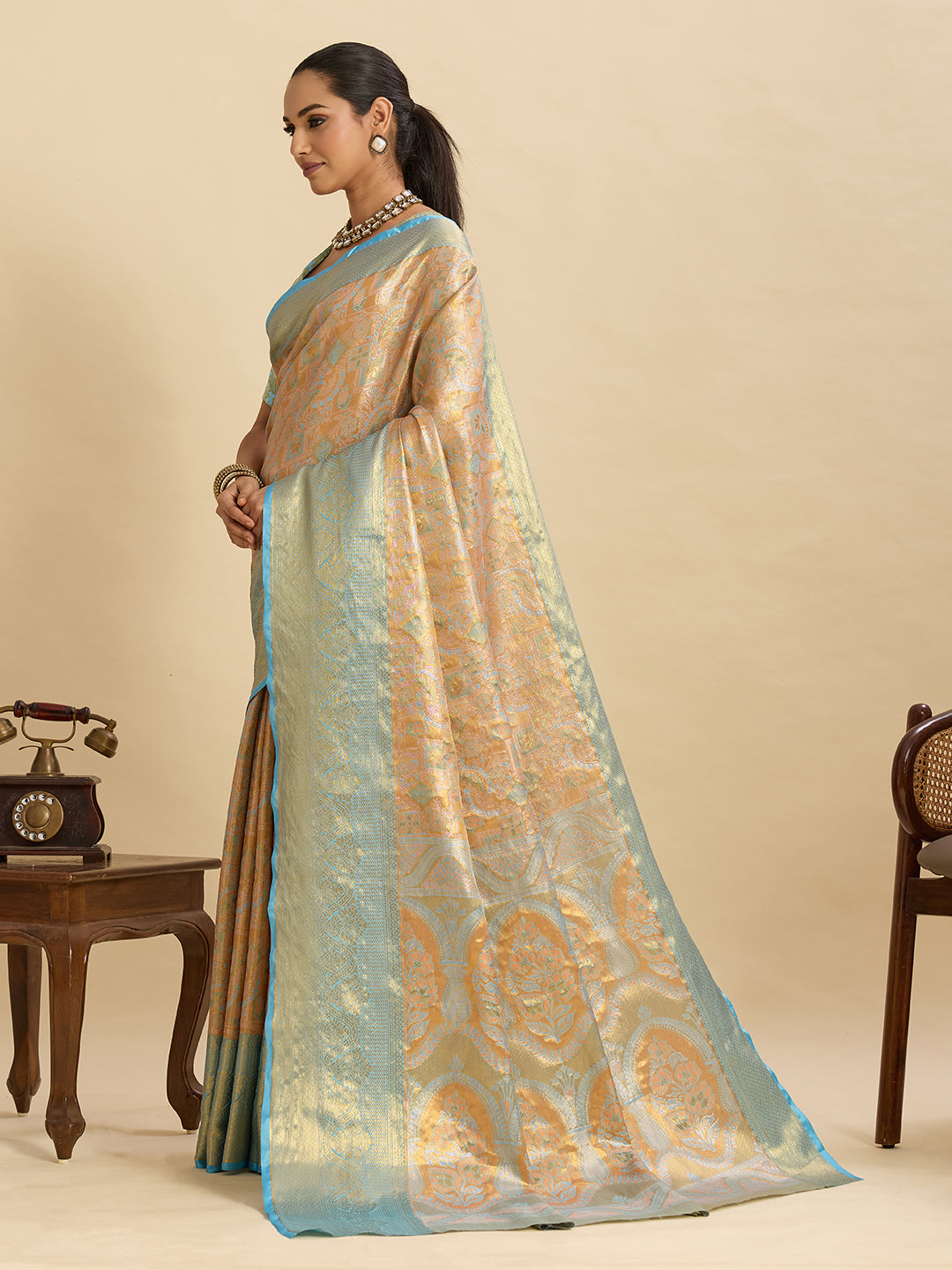 Vedant Vastram Soft Litchi Silk Banarasi Silk Jacquard Saree - Aqua - Dista