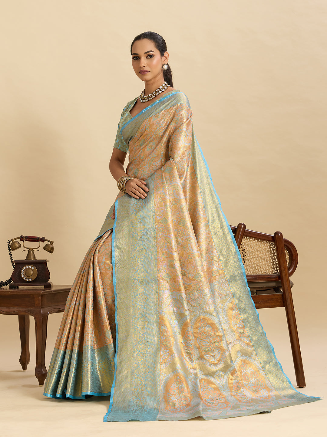 Vedant Vastram Soft Litchi Silk Banarasi Silk Jacquard Saree - Aqua - Dista