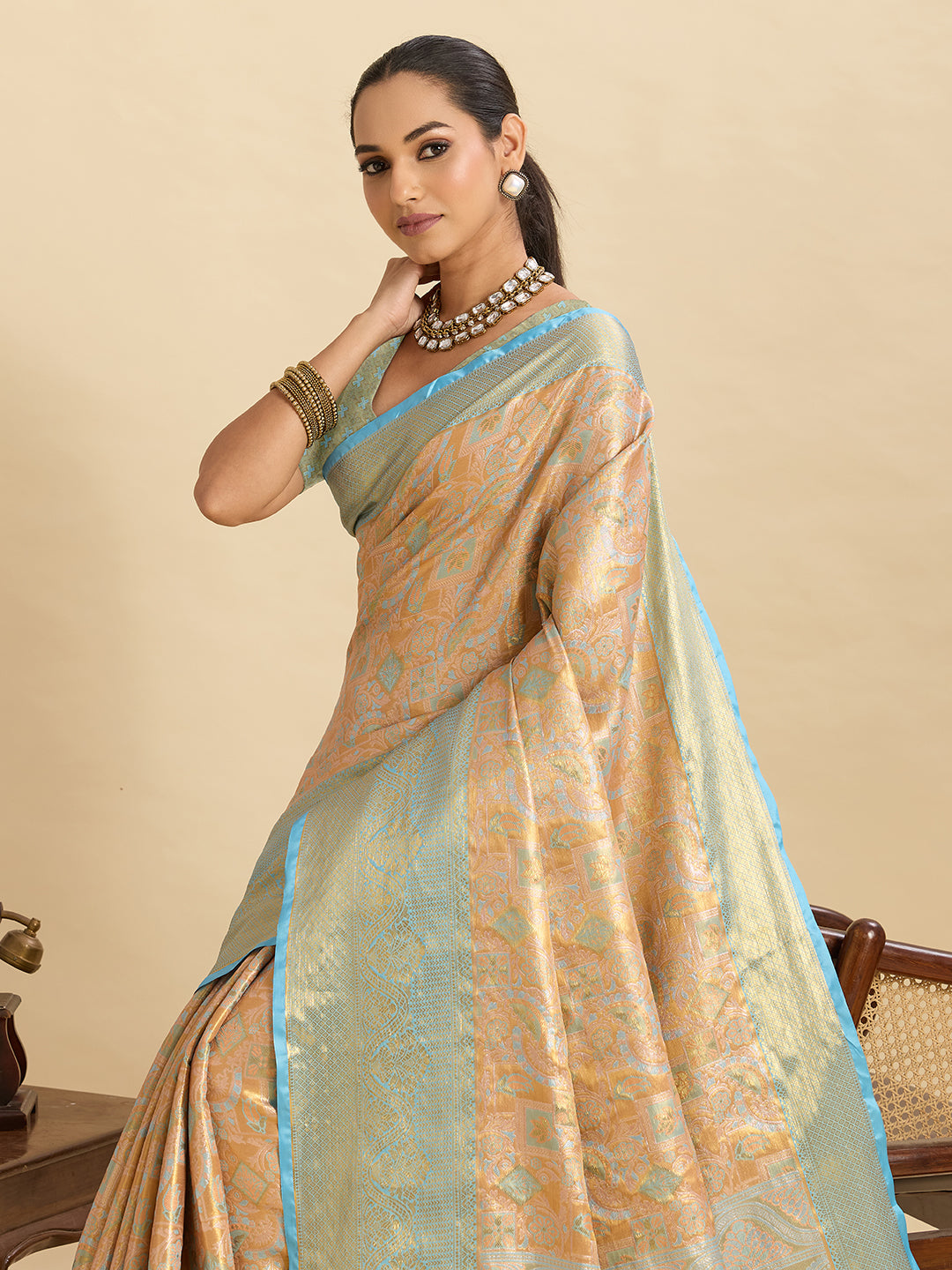 Vedant Vastram Soft Litchi Silk Banarasi Silk Jacquard Saree - Aqua - Dista