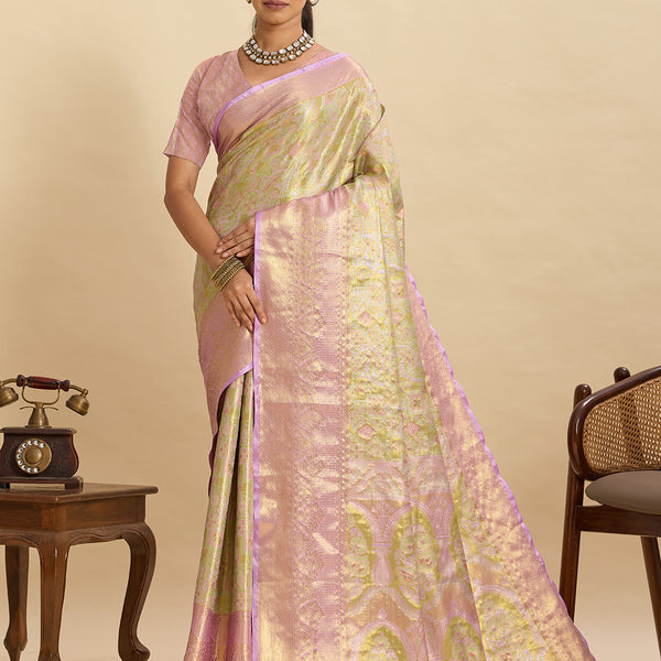 Vedant Vastram Soft Litchi Silk Banarasi Silk Jacquard Saree - Pink - Dista