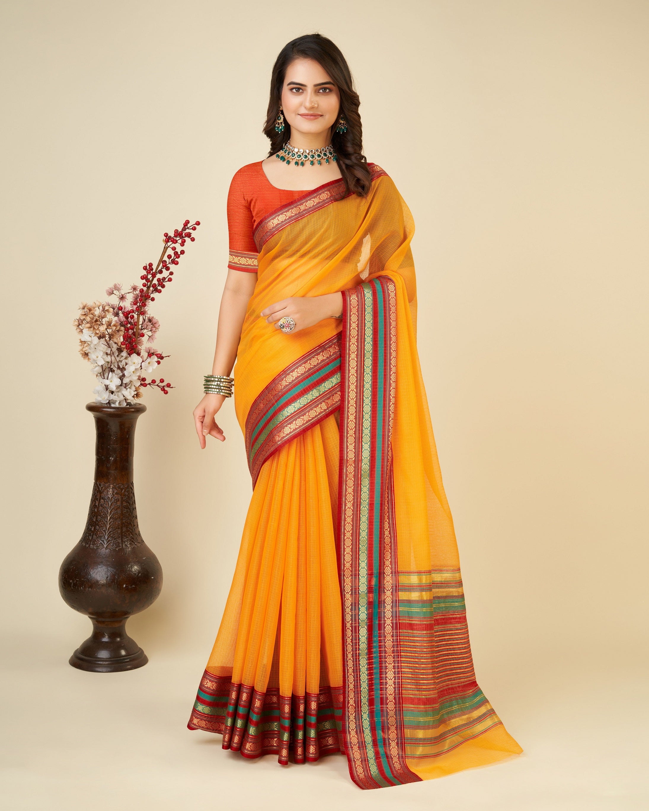 Vedant Vastram Cotton Silk Silk Jacquard Fancy Saree - Mustard - Distacart