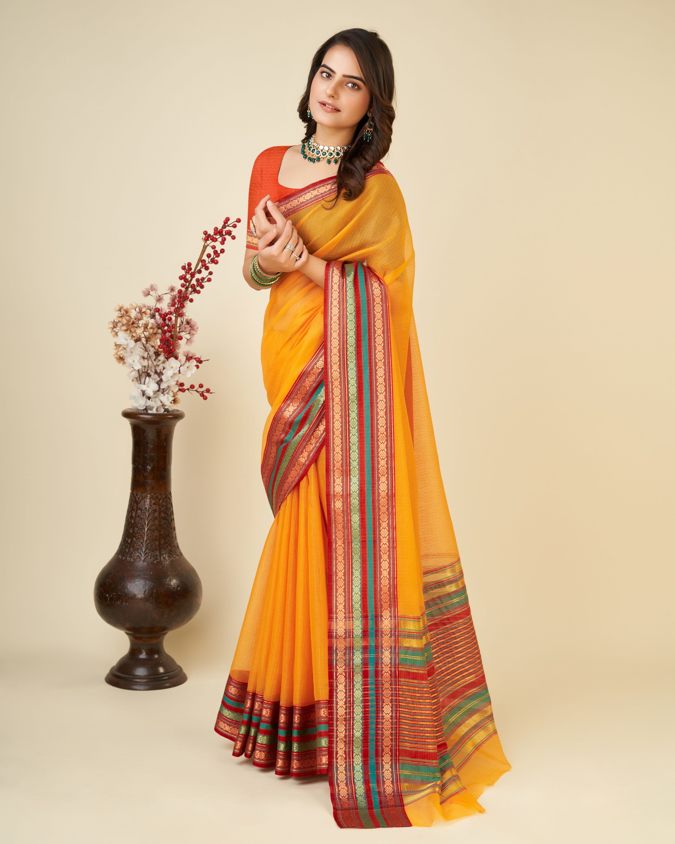 Vedant Vastram Cotton Silk Silk Jacquard Fancy Saree - Mustard - Distacart