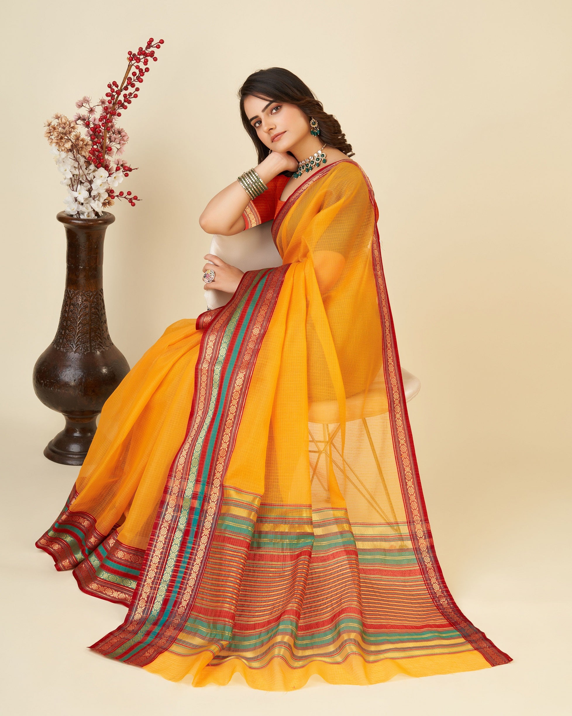 Vedant Vastram Cotton Silk Silk Jacquard Fancy Saree - Mustard - Distacart