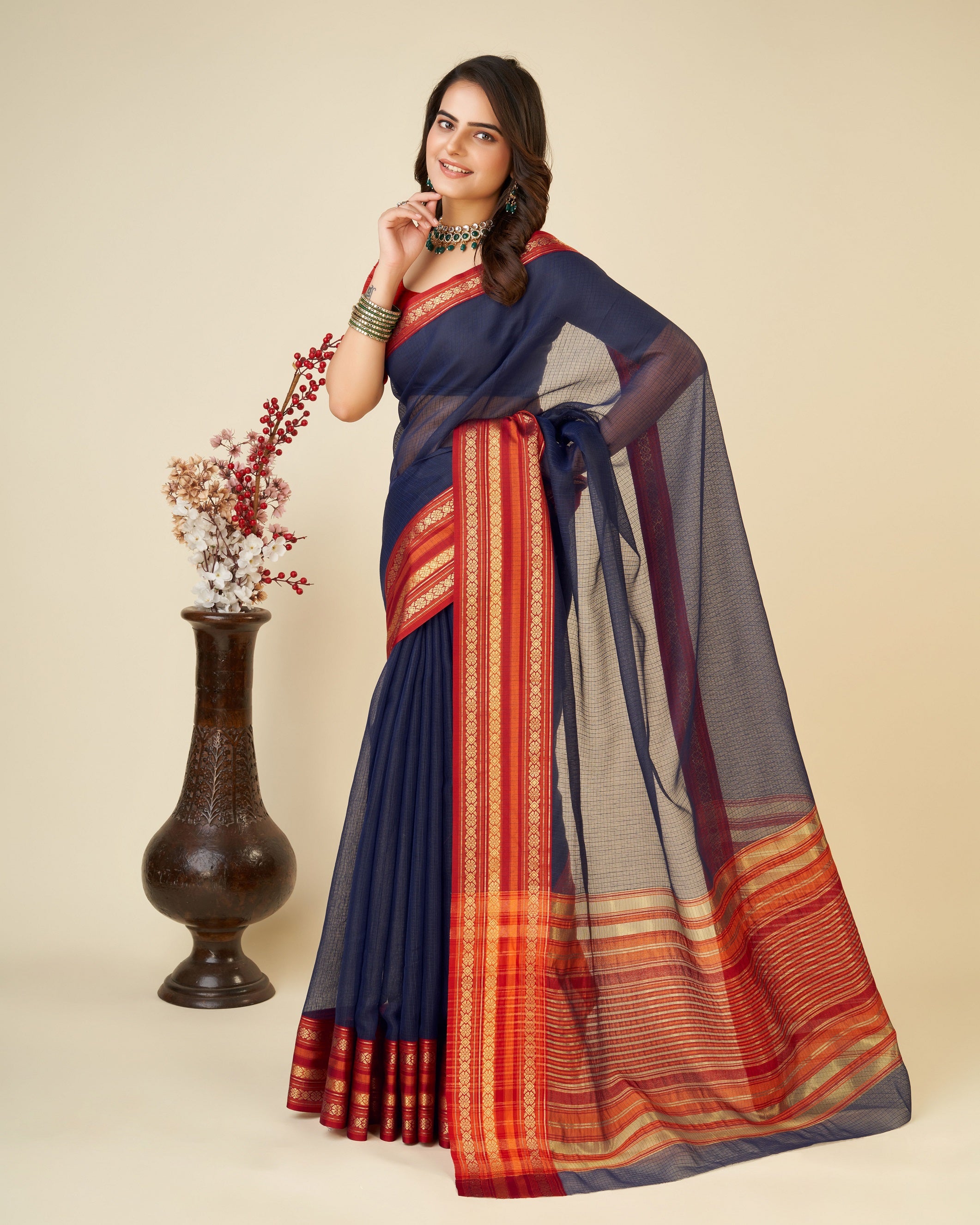 Vedant Vastram Cotton Silk Silk Jacquard Fancy Saree - Navy - Distacart