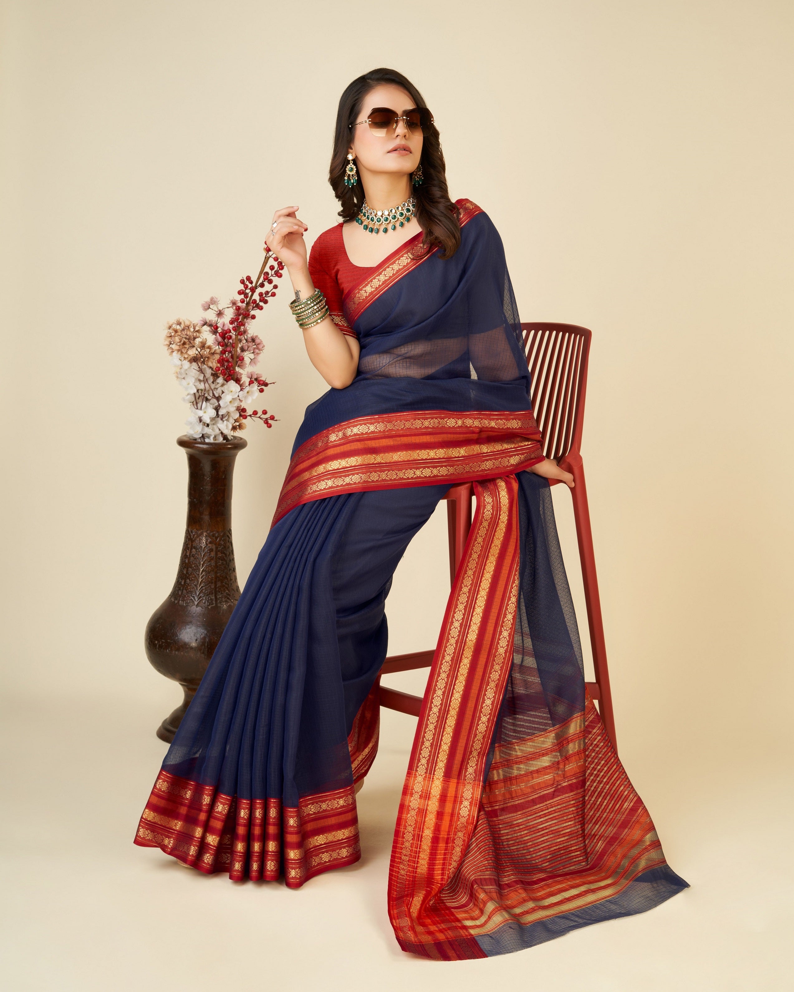 Vedant Vastram Cotton Silk Silk Jacquard Fancy Saree - Navy - Distacart