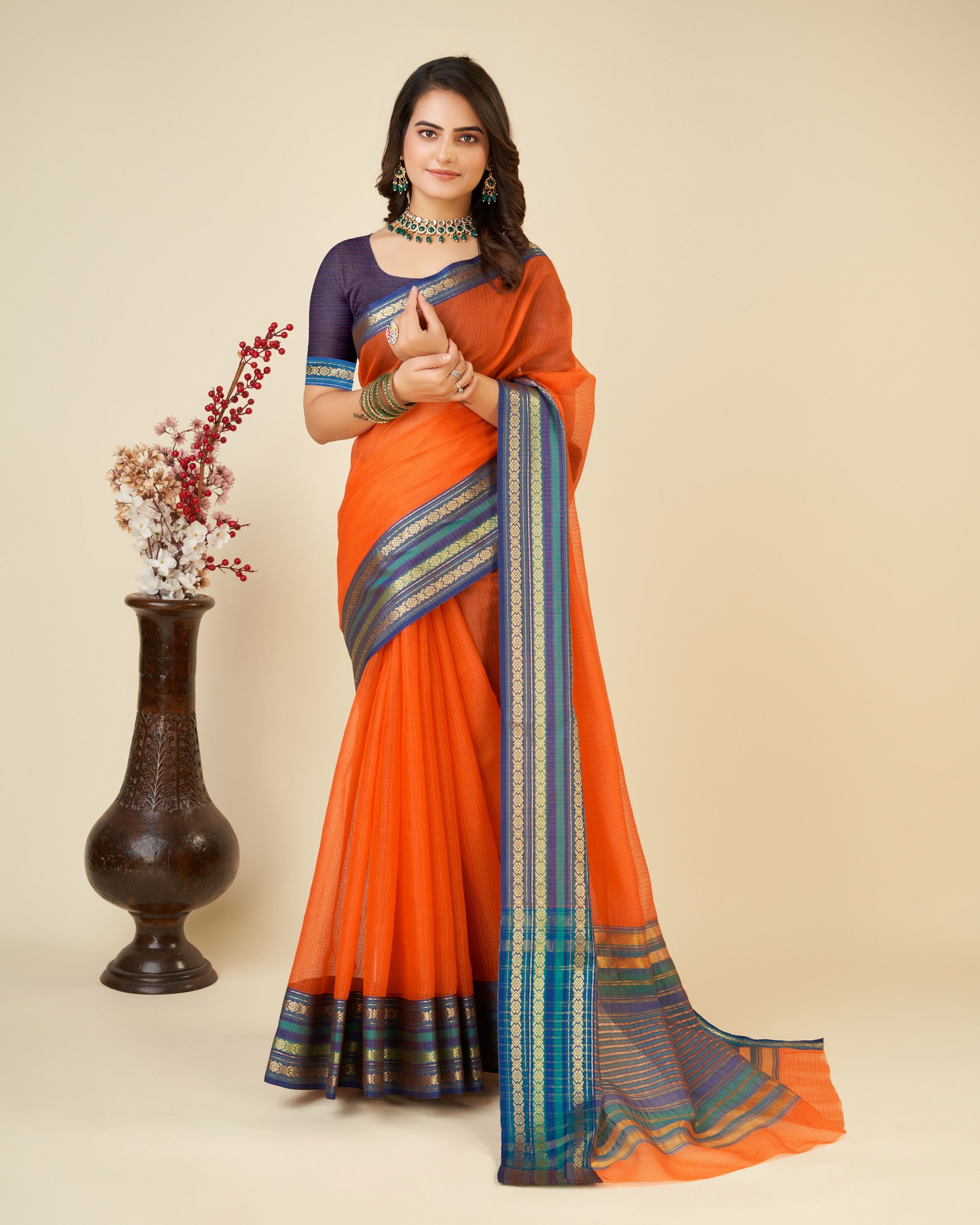 Vedant Vastram Cotton Silk Silk Jacquard Fancy Saree - Orange - Distacart