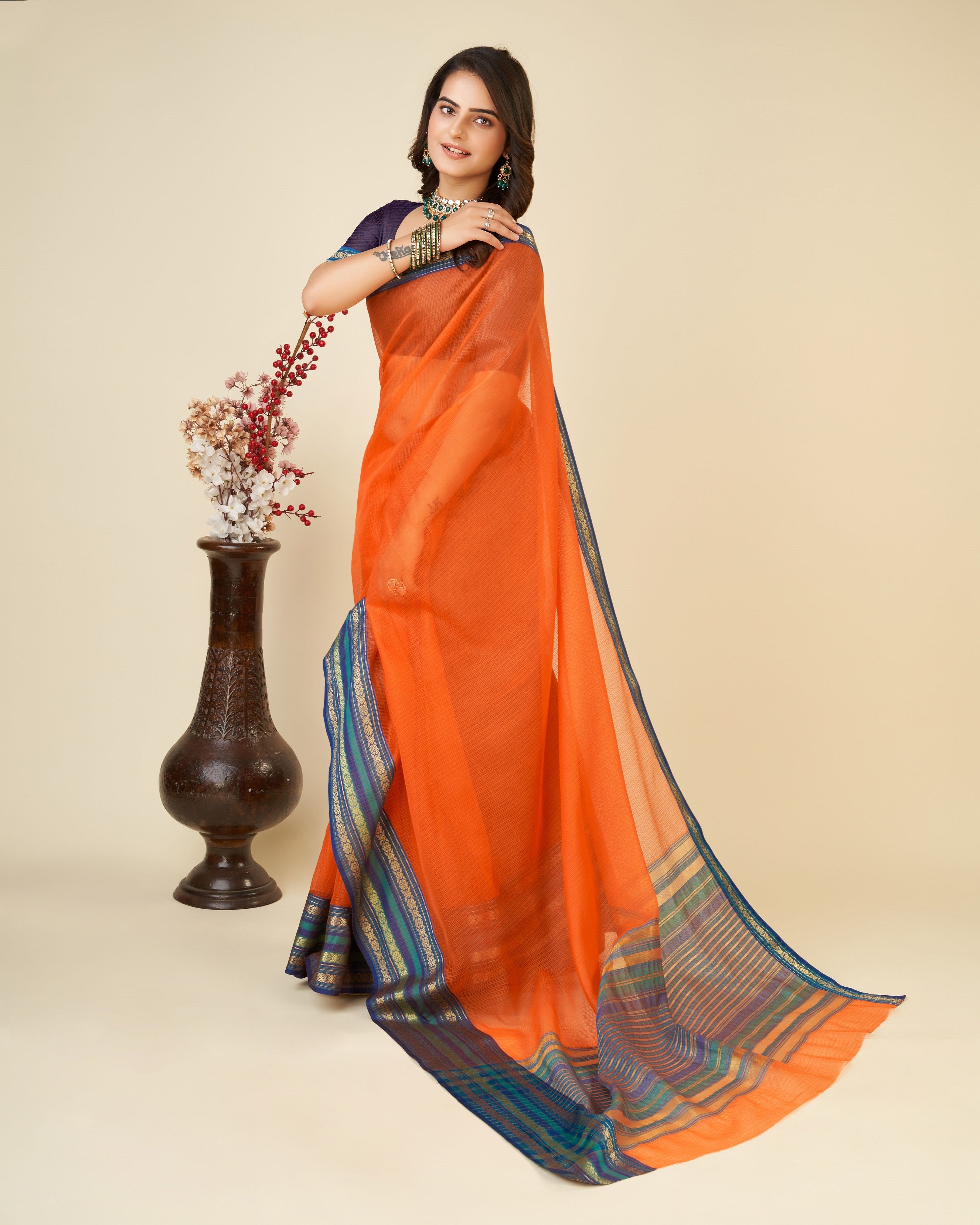 Vedant Vastram Cotton Silk Silk Jacquard Fancy Saree - Orange - Distacart
