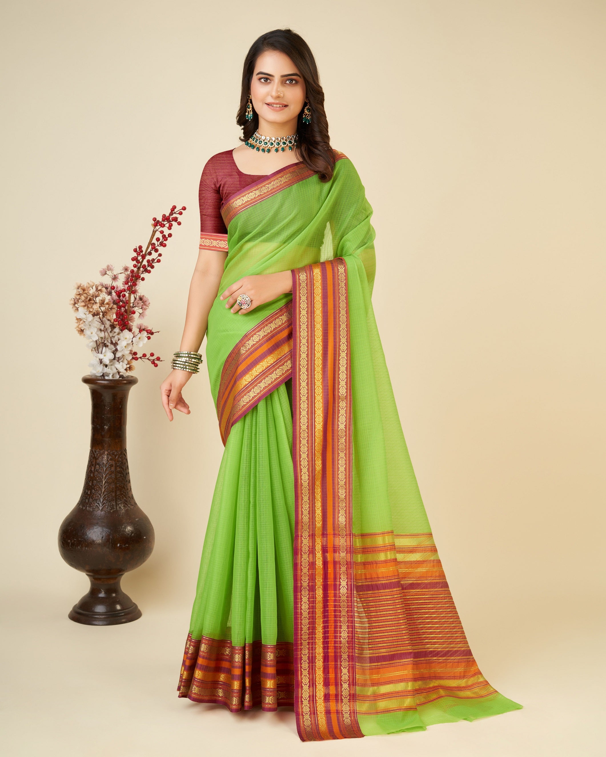 Vedant Vastram Cotton Silk Silk Jacquard Fancy Saree - Parrot - Distacart