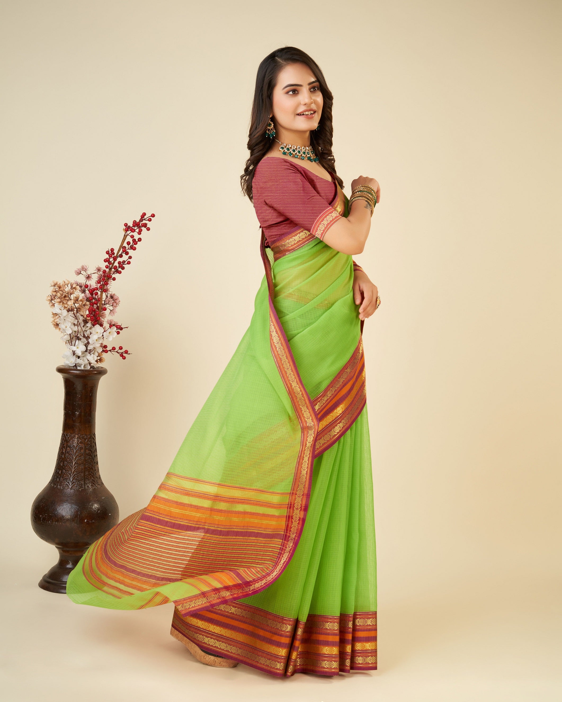 Vedant Vastram Cotton Silk Silk Jacquard Fancy Saree - Parrot - Distacart