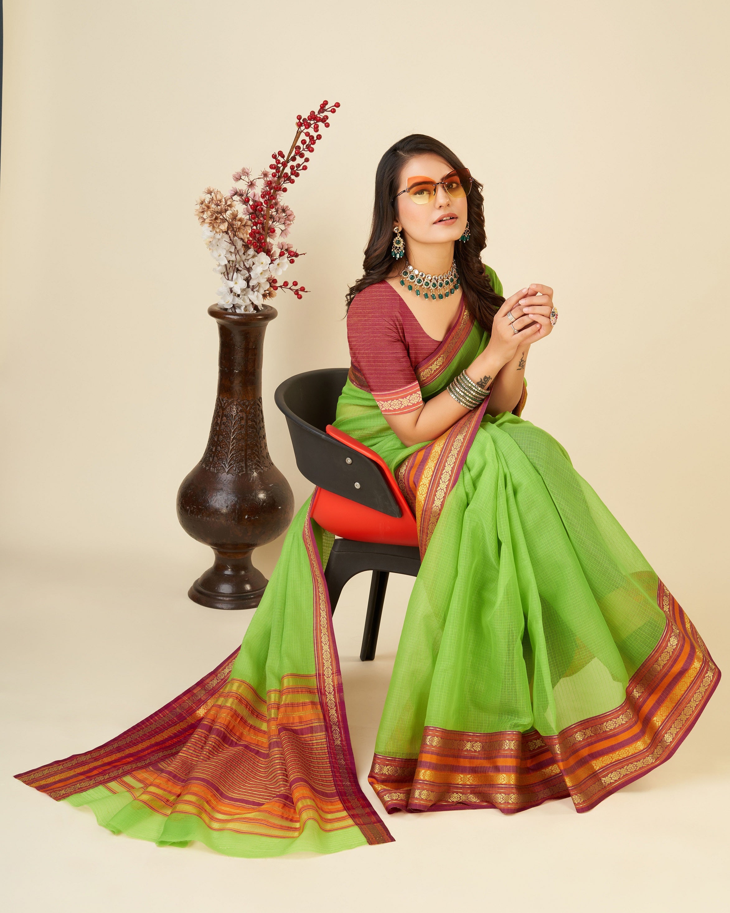 Vedant Vastram Cotton Silk Silk Jacquard Fancy Saree - Parrot - Distacart