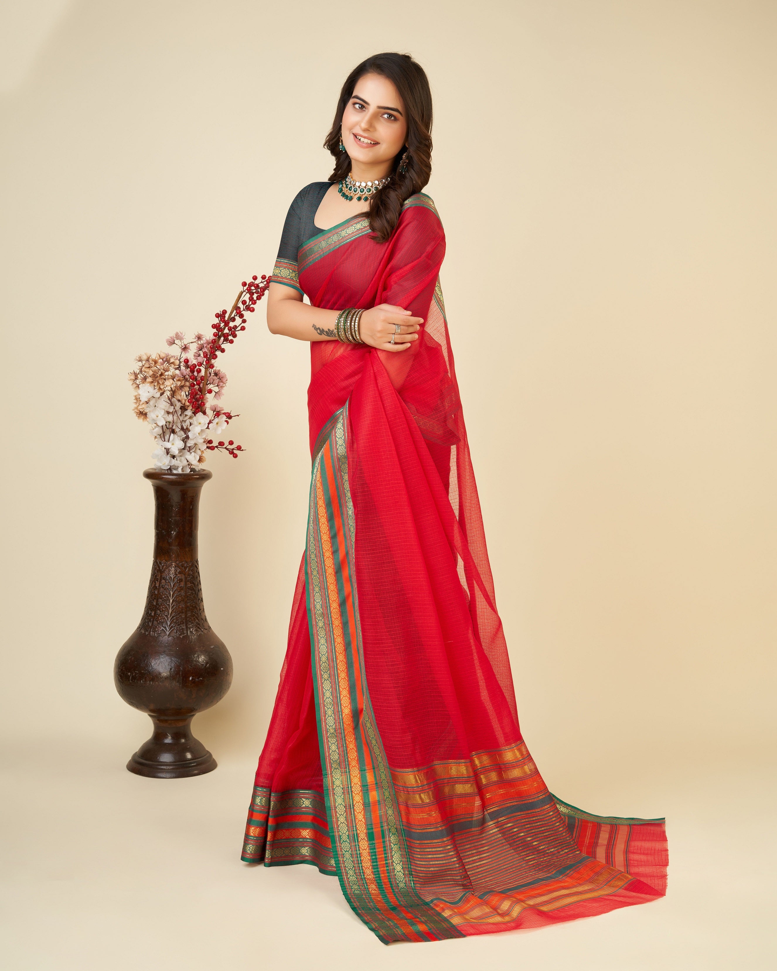Vedant Vastram Cotton Silk Silk Jacquard Fancy Saree - Red - Distacart