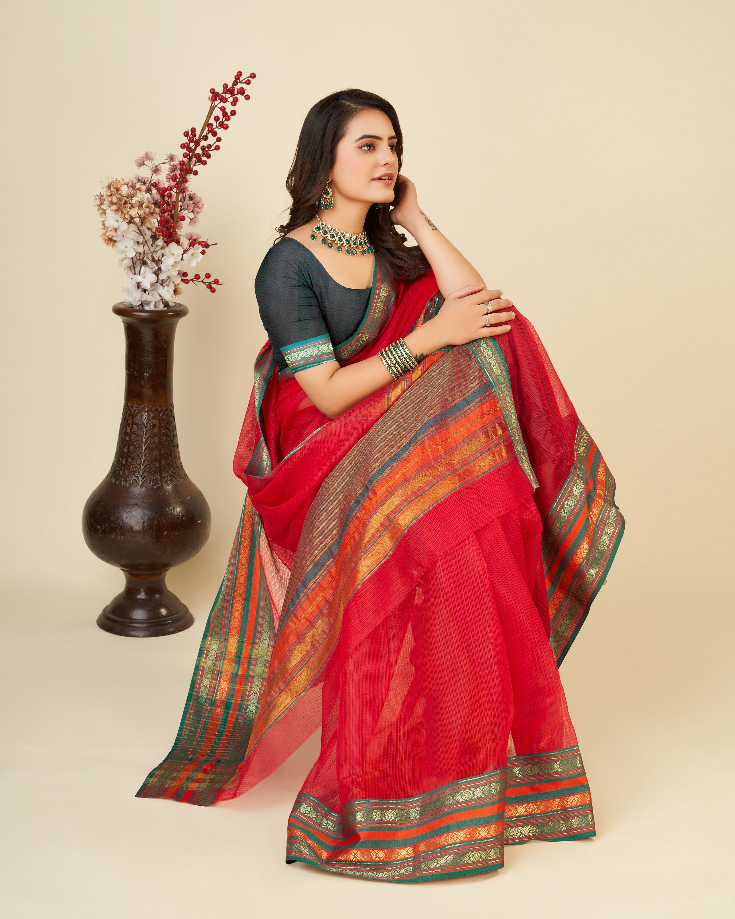 Vedant Vastram Cotton Silk Silk Jacquard Fancy Saree - Red - Distacart