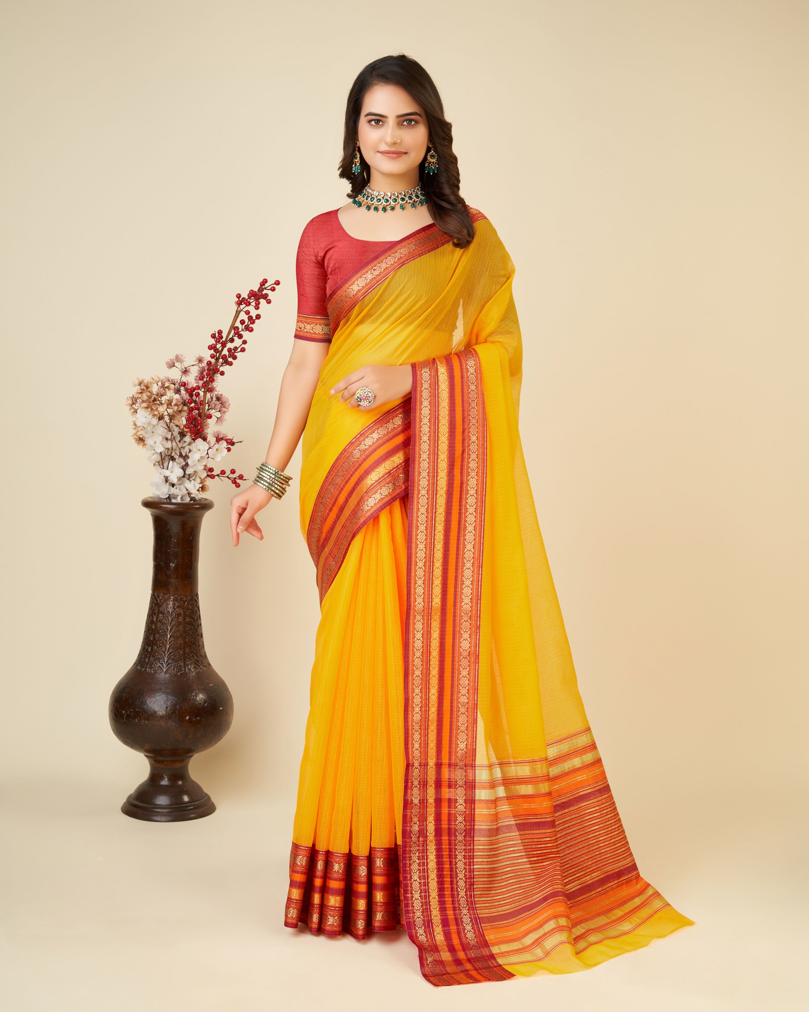 Vedant Vastram Cotton Silk Silk Jacquard Fancy Saree - Yellow - Distacart