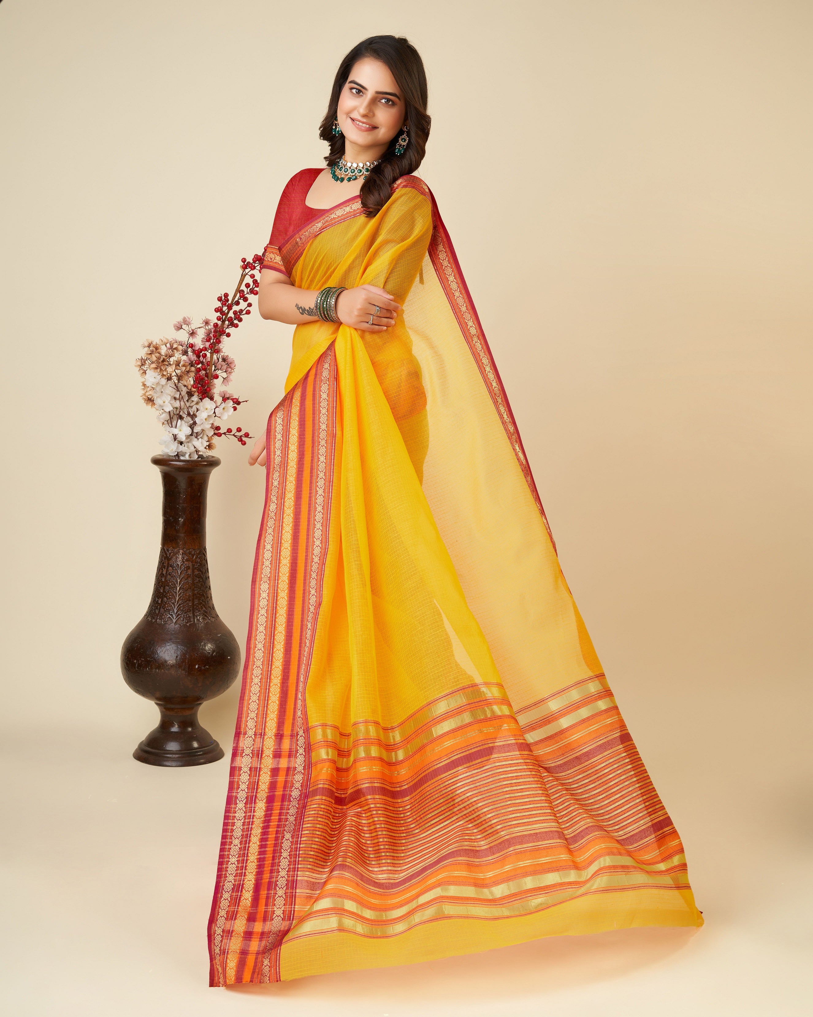 Vedant Vastram Cotton Silk Silk Jacquard Fancy Saree - Yellow - Distacart
