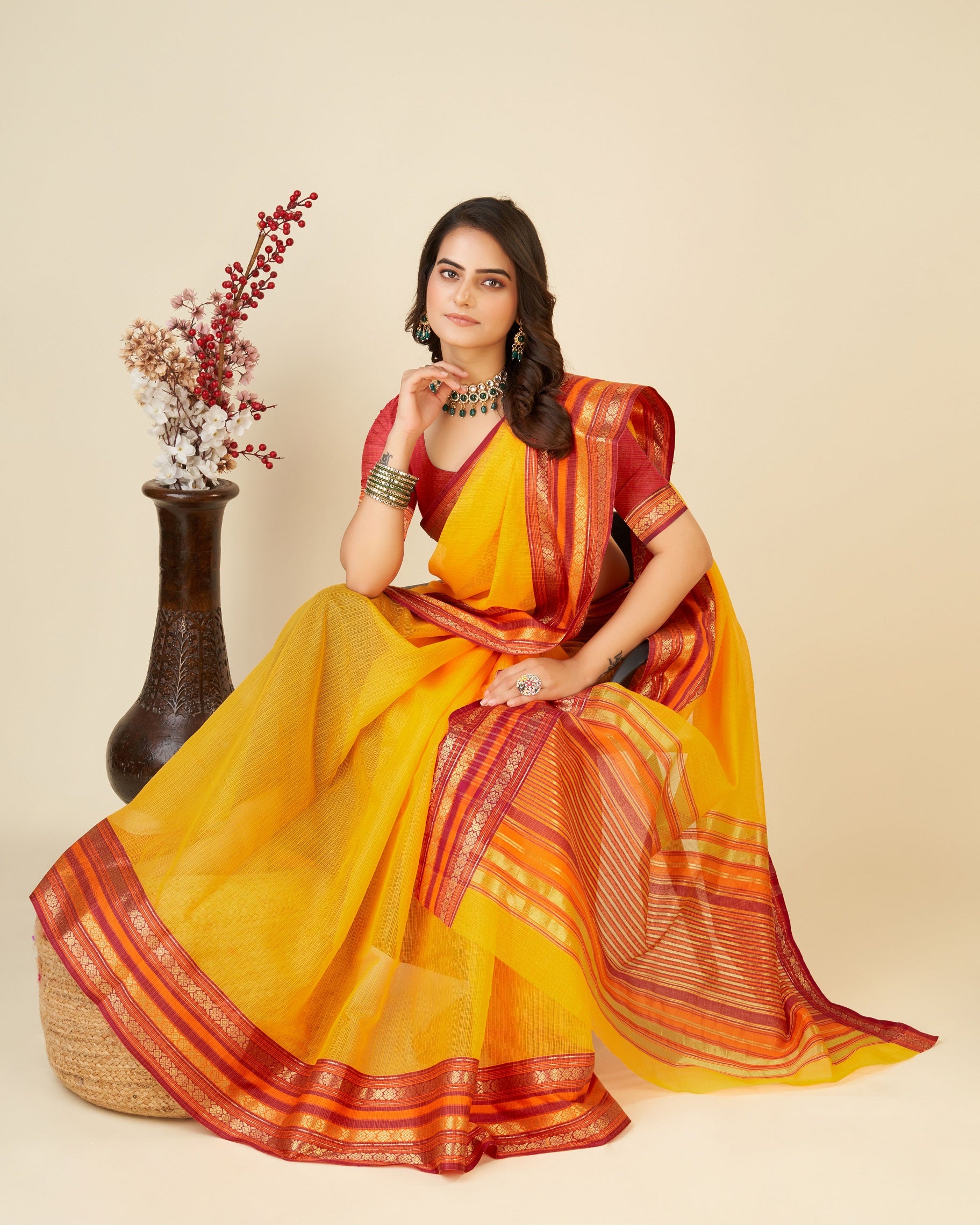 Vedant Vastram Cotton Silk Silk Jacquard Fancy Saree - Yellow - Distacart