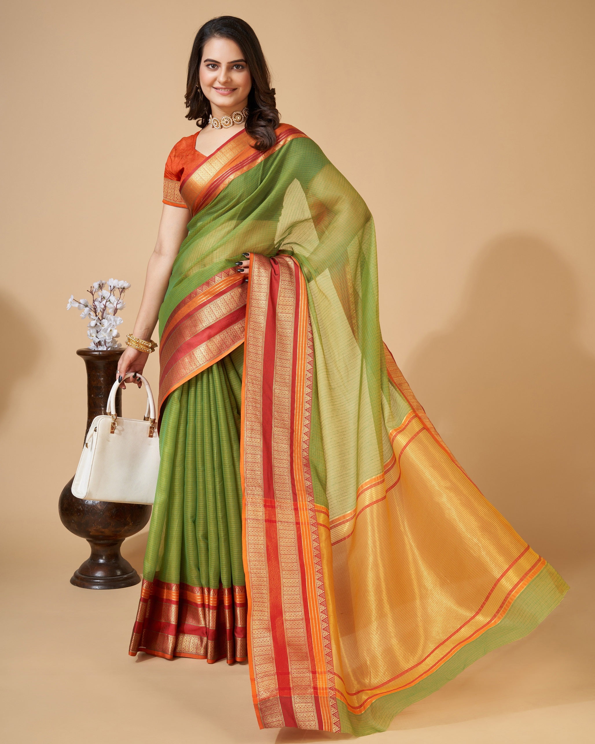 Vedant Vastram Cotton Silk Silk Jacquard Fancy Saree - Mahendi - Distacart