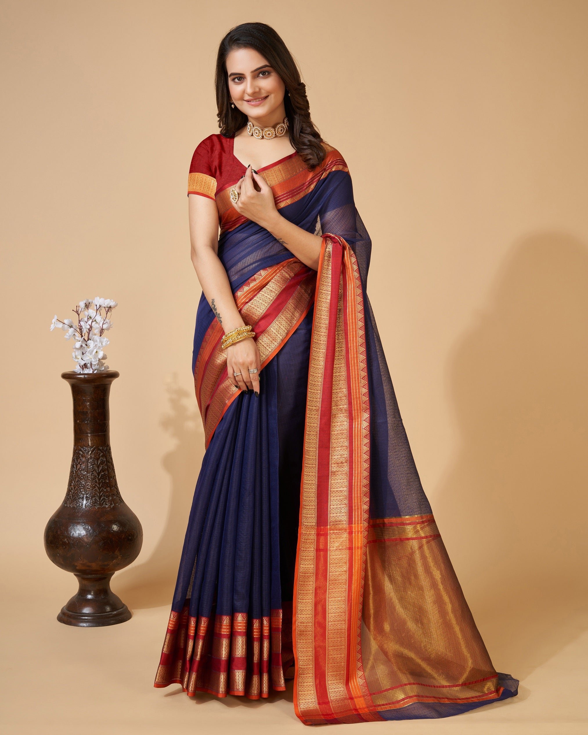Vedant Vastram Cotton Silk Silk Jacquard Fancy Saree - Navy - Distacart