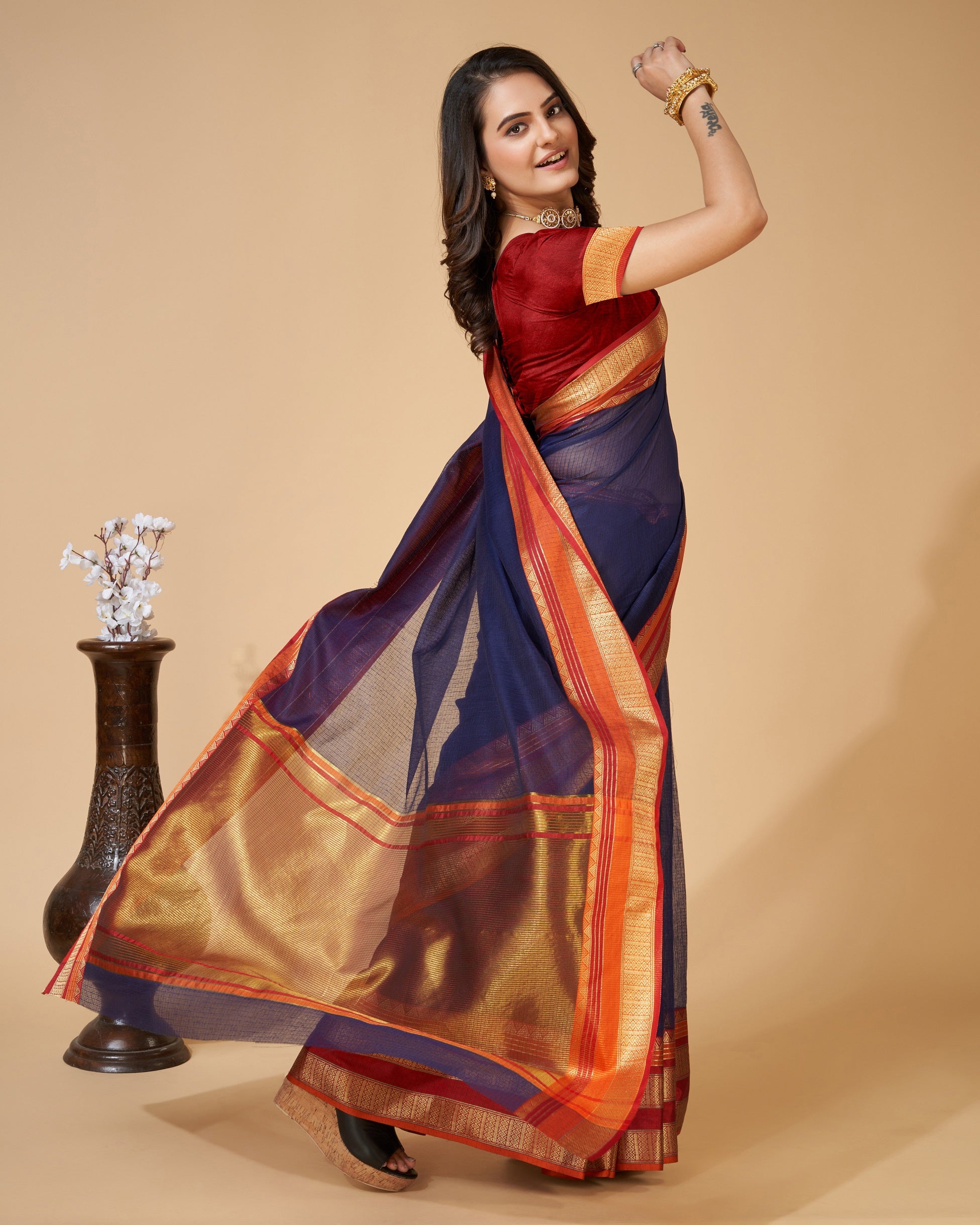 Vedant Vastram Cotton Silk Silk Jacquard Fancy Saree - Navy - Distacart