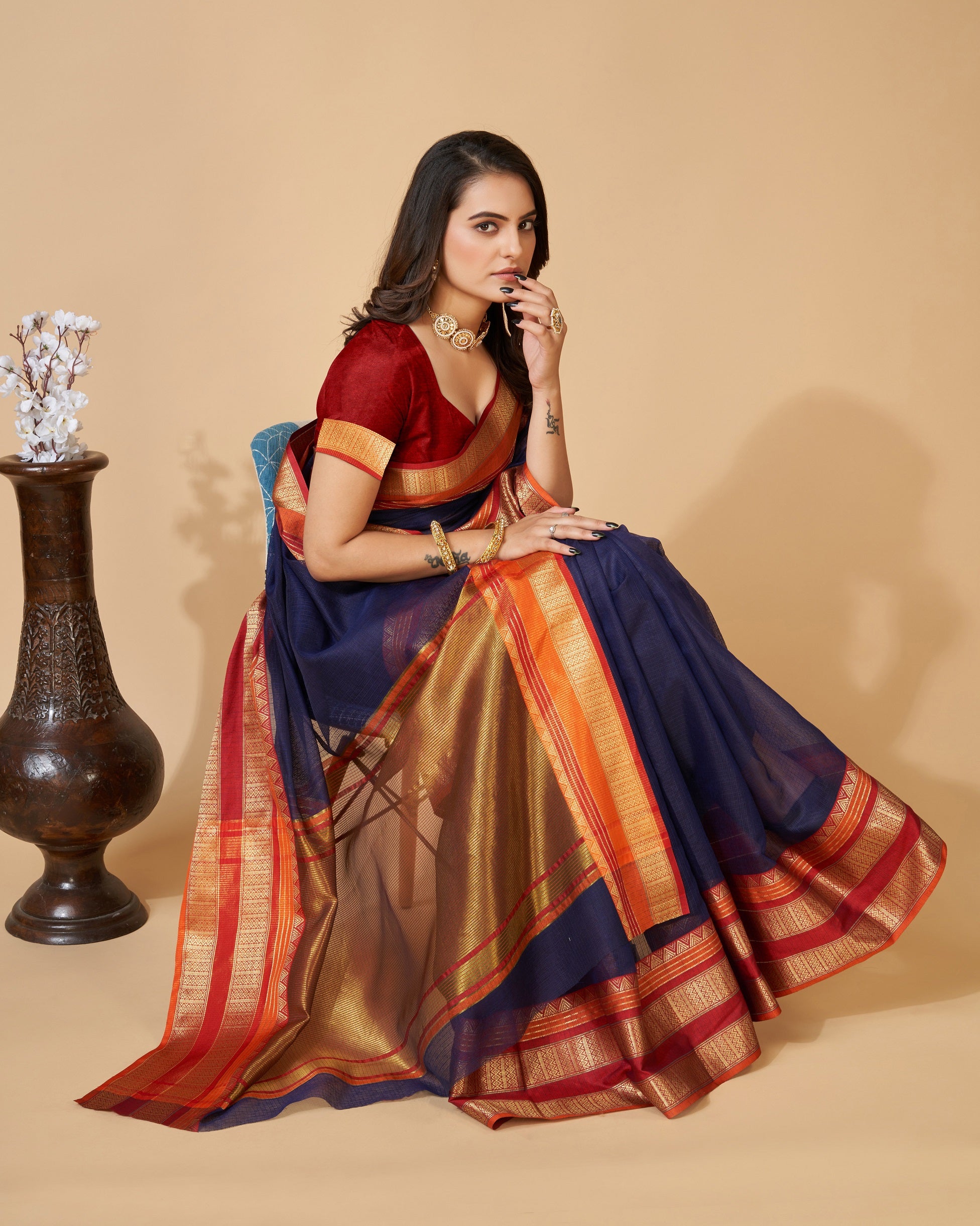 Vedant Vastram Cotton Silk Silk Jacquard Fancy Saree - Navy - Distacart
