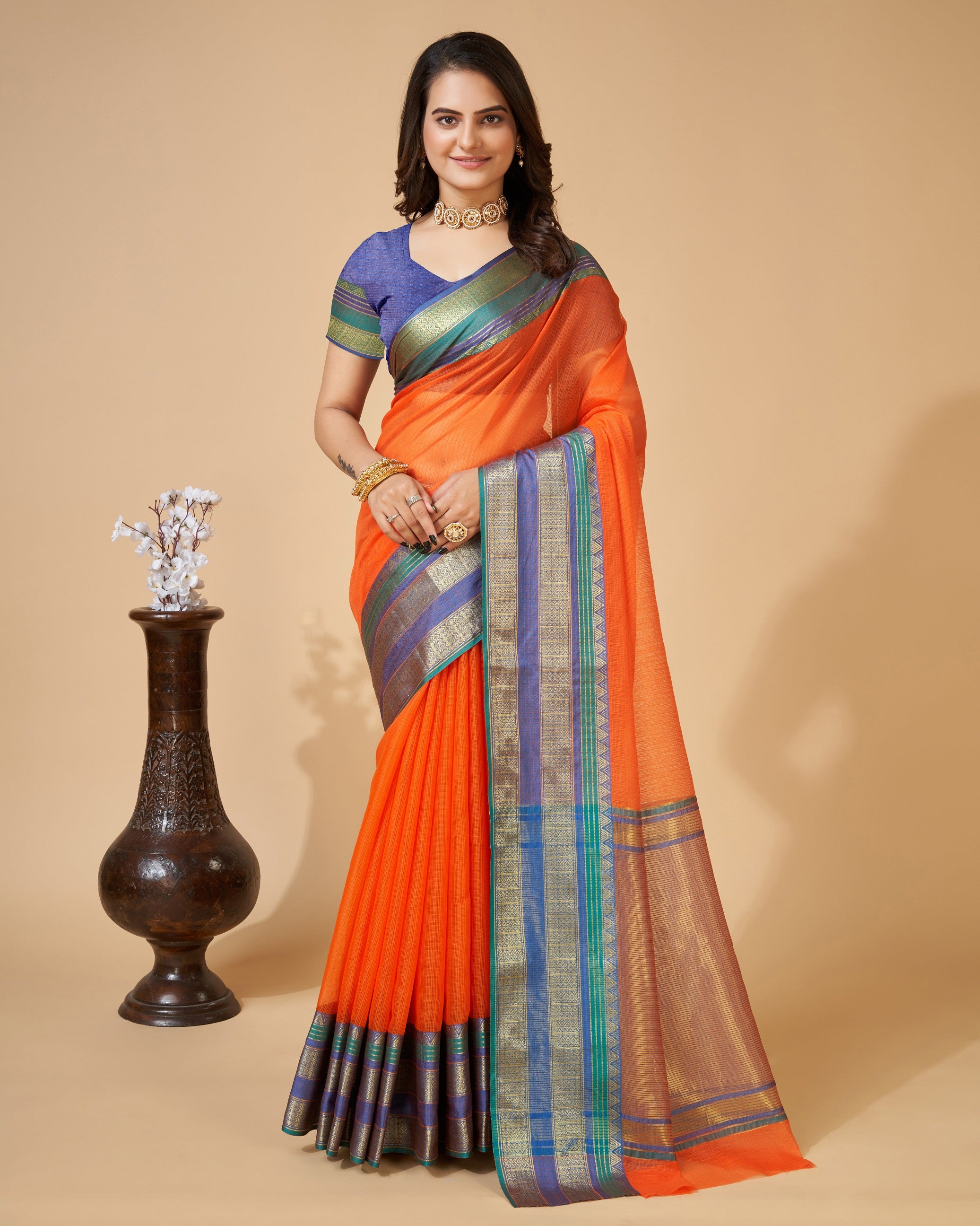 Vedant Vastram Cotton Silk Silk Jacquard Fancy Saree - Orange - Distacart