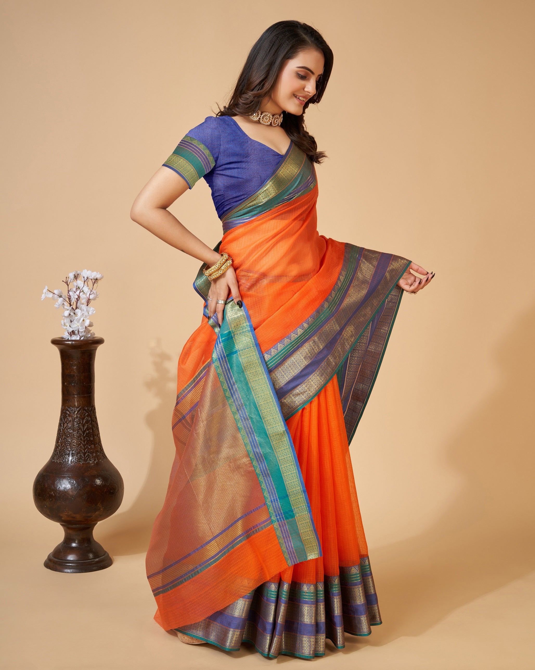 Vedant Vastram Cotton Silk Silk Jacquard Fancy Saree - Orange - Distacart