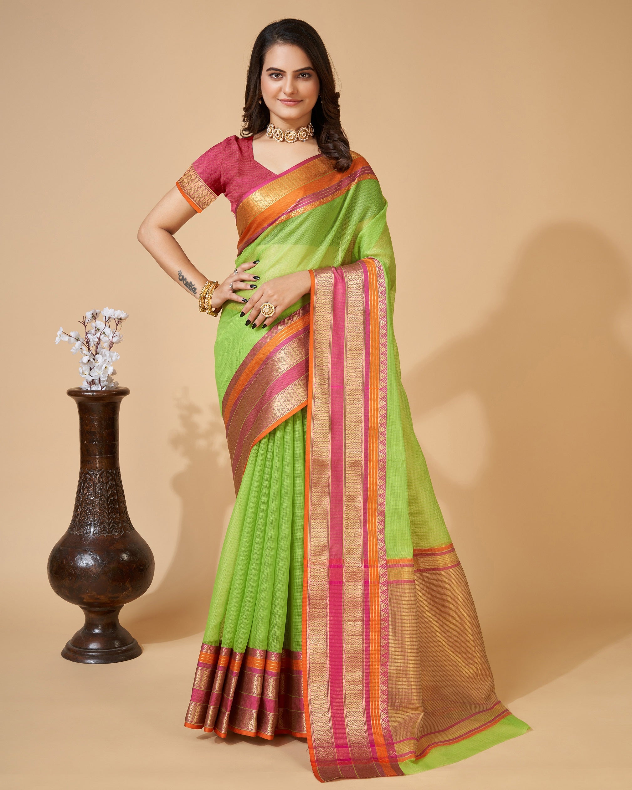 Vedant Vastram Cotton Silk Silk Jacquard Fancy Saree - Parrot - Distacart