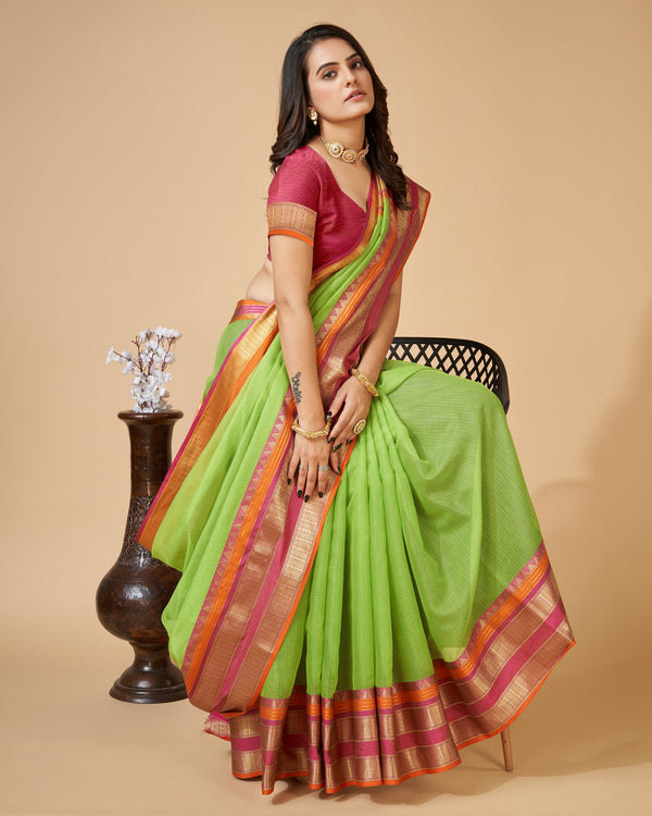 Vedant Vastram Cotton Silk Silk Jacquard Fancy Saree - Parrot - Distacart