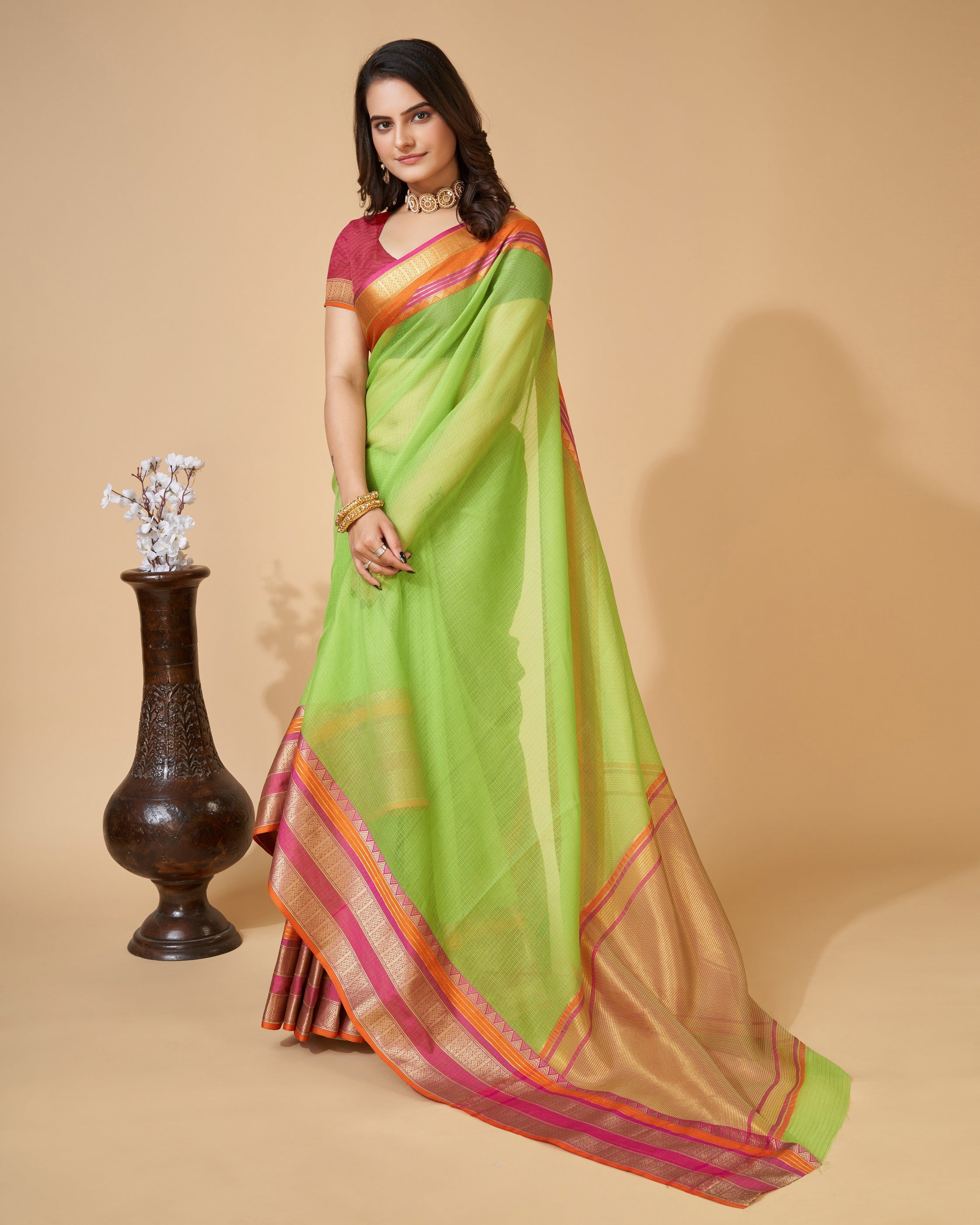 Vedant Vastram Cotton Silk Silk Jacquard Fancy Saree - Parrot - Distacart