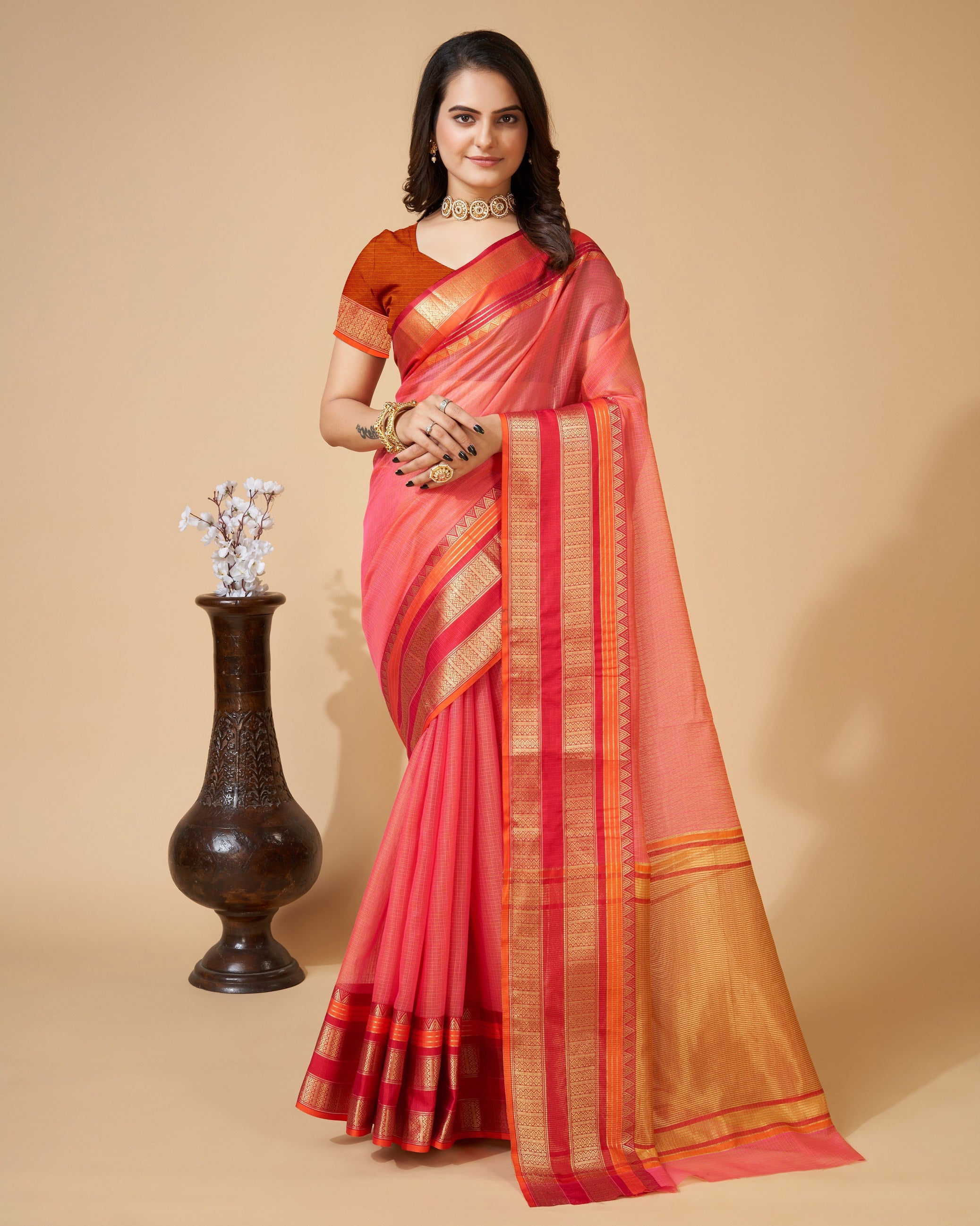 Vedant Vastram Cotton Silk Silk Jacquard Fancy Saree - Pink - Distacart