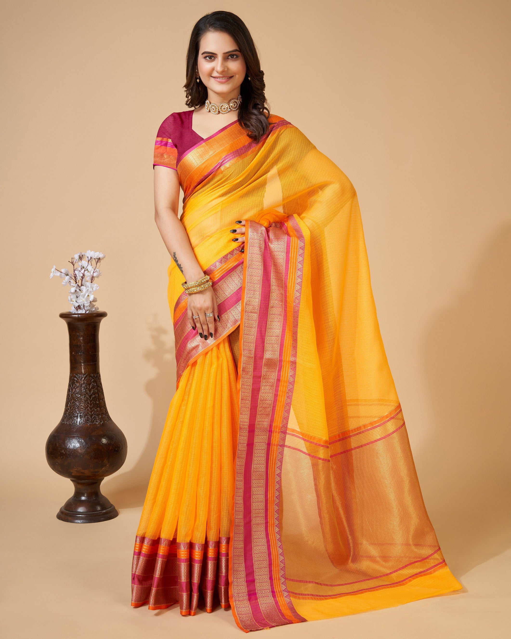 Vedant Vastram Cotton Silk Silk Jacquard Fancy Saree - Yellow - Distacart