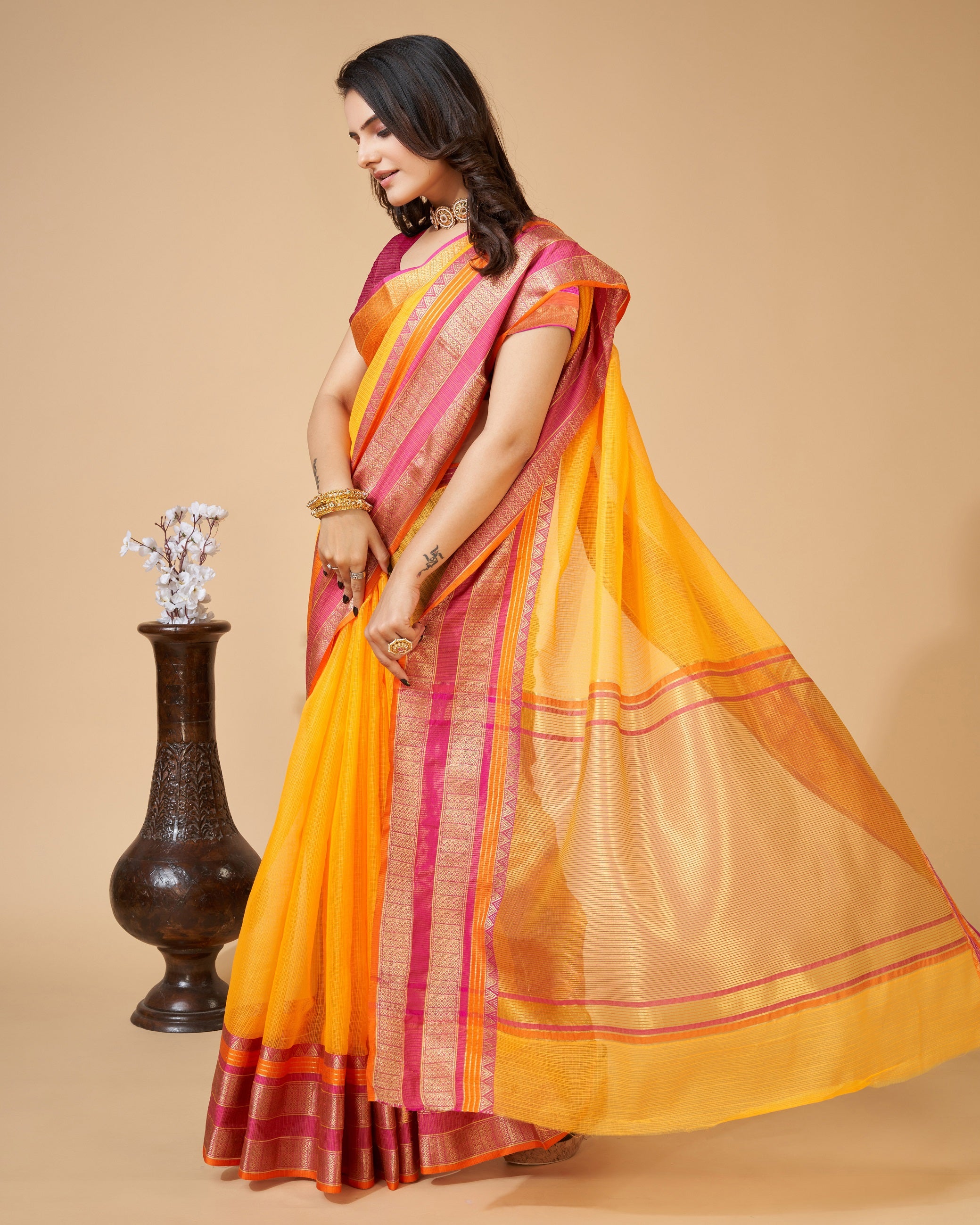 Vedant Vastram Cotton Silk Silk Jacquard Fancy Saree - Yellow - Distacart