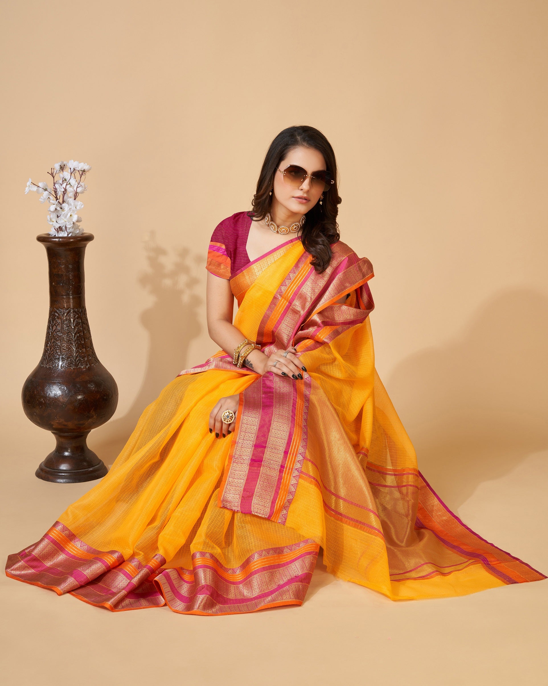 Vedant Vastram Cotton Silk Silk Jacquard Fancy Saree - Yellow - Distacart