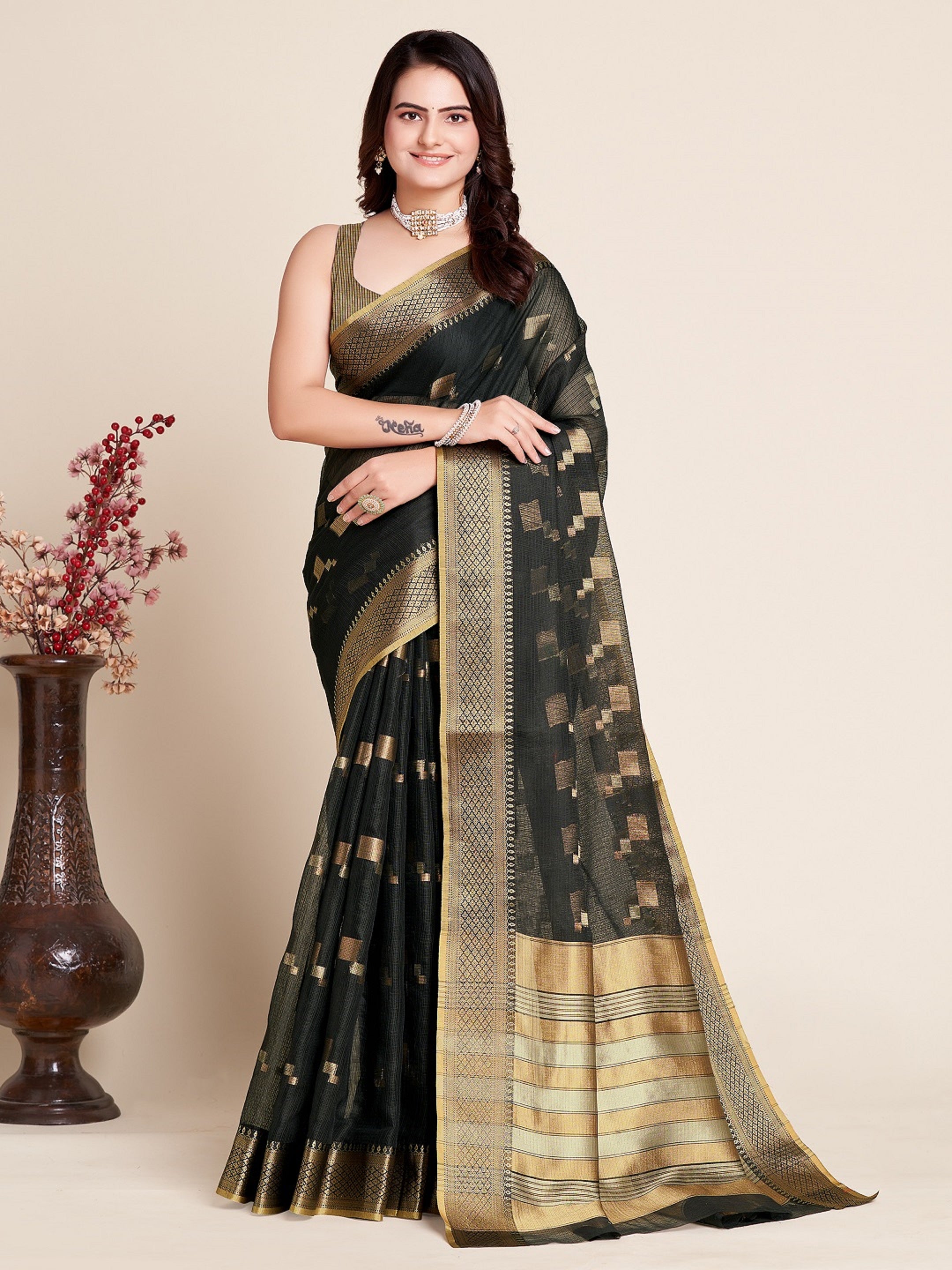 Vedant Vastram Cotton Silk Silk Jacquard Fancy Saree - Black - Distacart