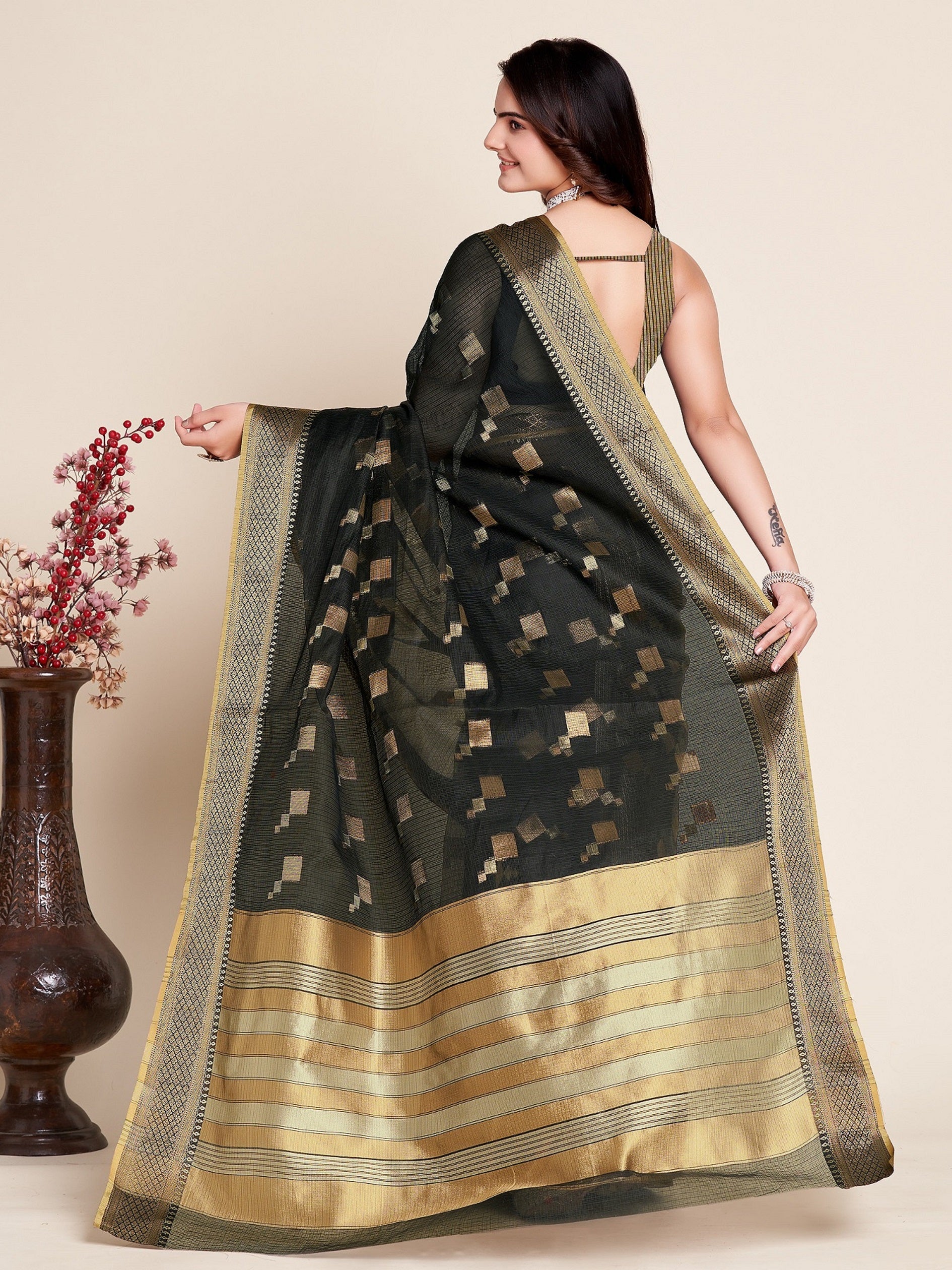 Vedant Vastram Cotton Silk Silk Jacquard Fancy Saree - Black - Distacart