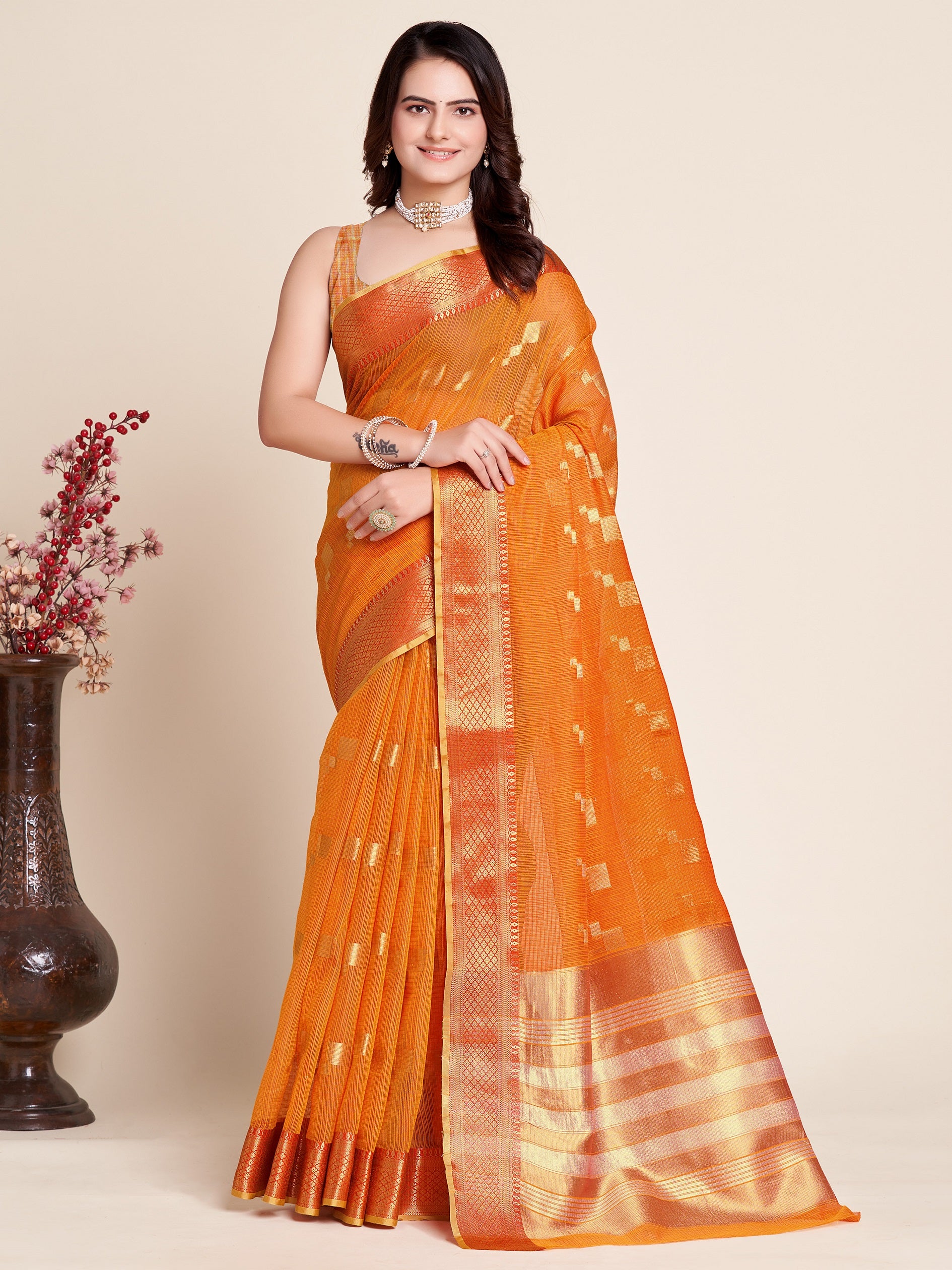 Vedant Vastram Cotton Silk Silk Jacquard Fancy Saree - Orange - Distacart