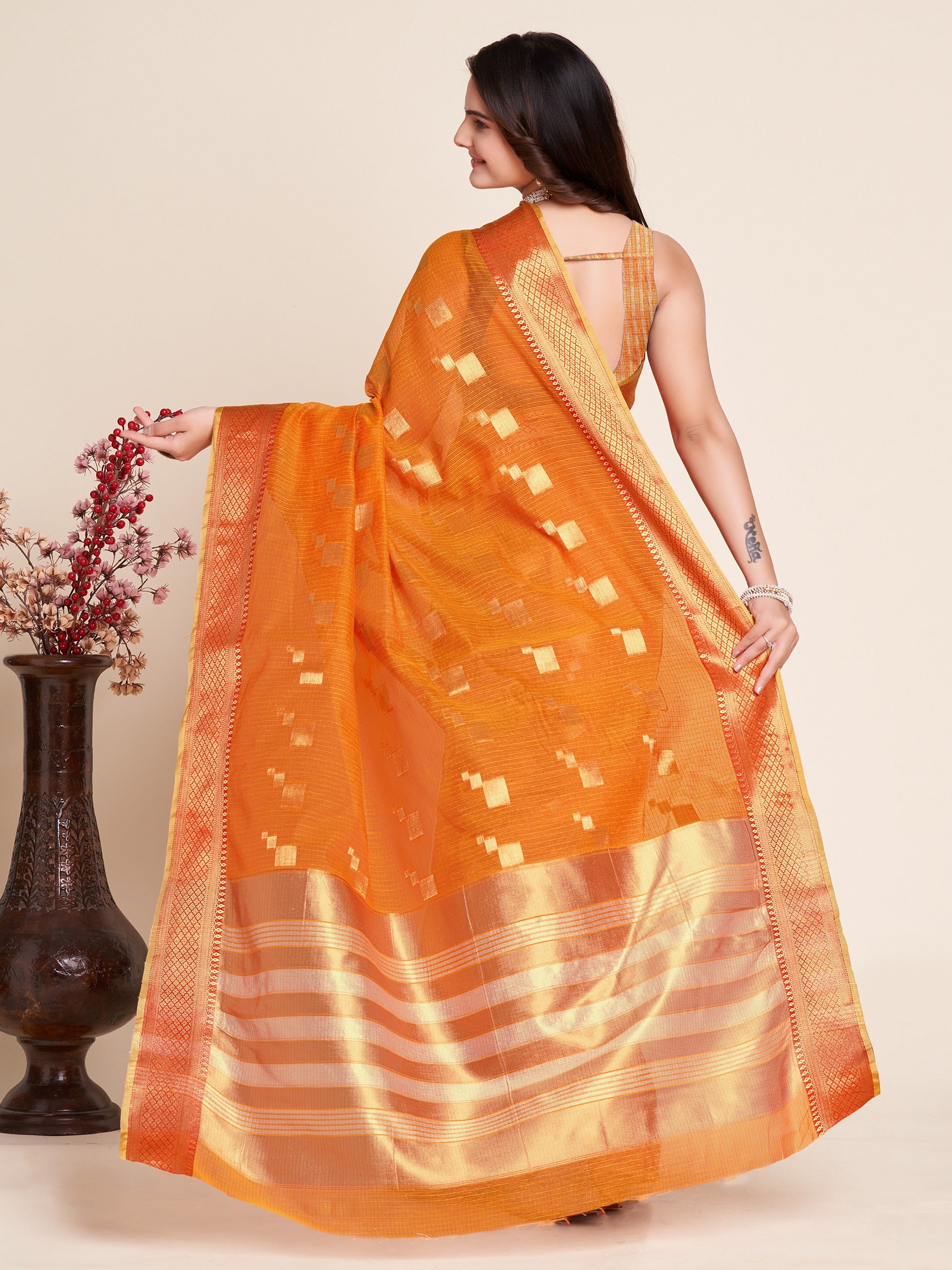 Vedant Vastram Cotton Silk Silk Jacquard Fancy Saree - Orange - Distacart