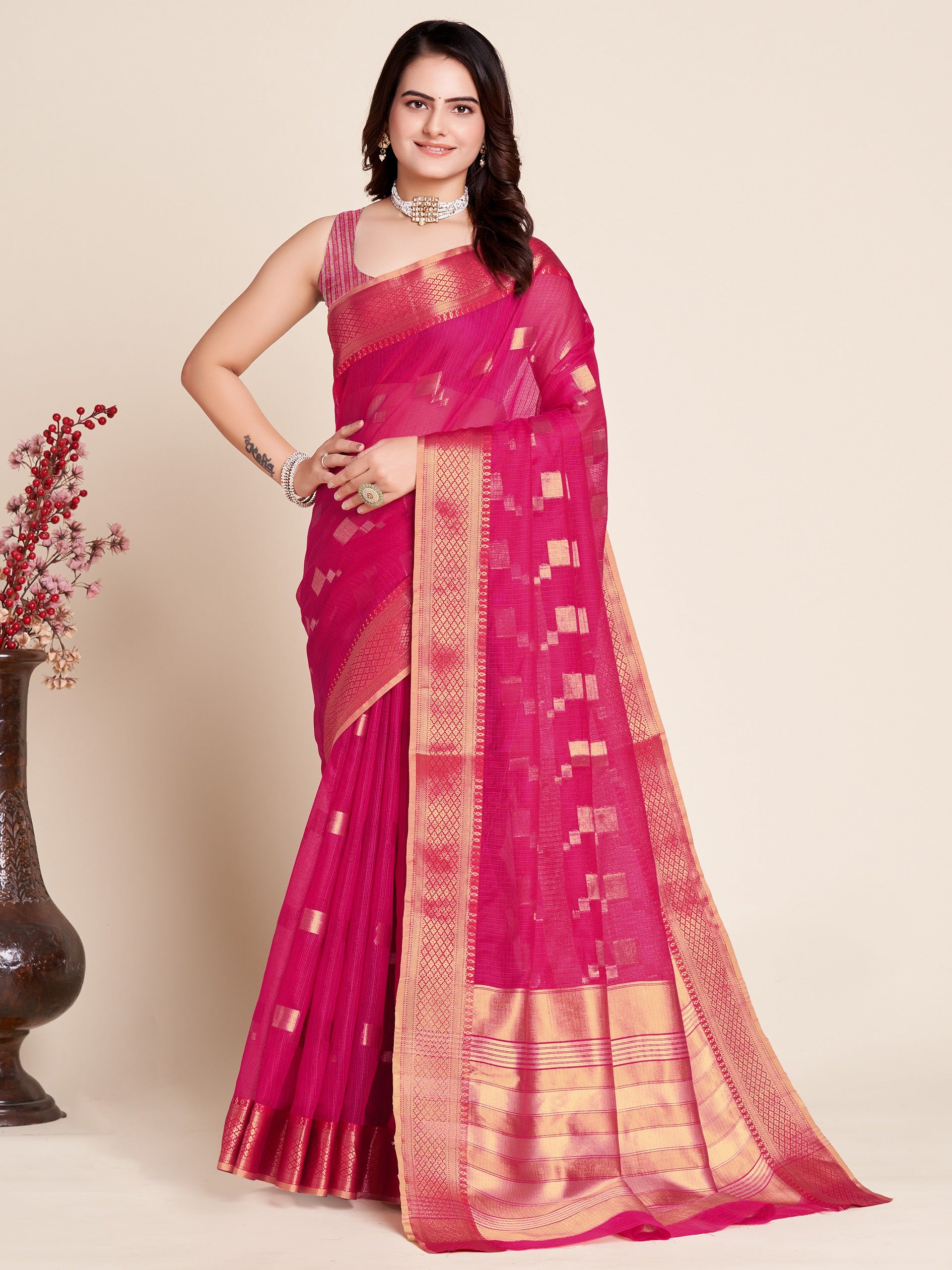Vedant Vastram Cotton Silk Silk Jacquard Fancy Saree - Pink - Distacart