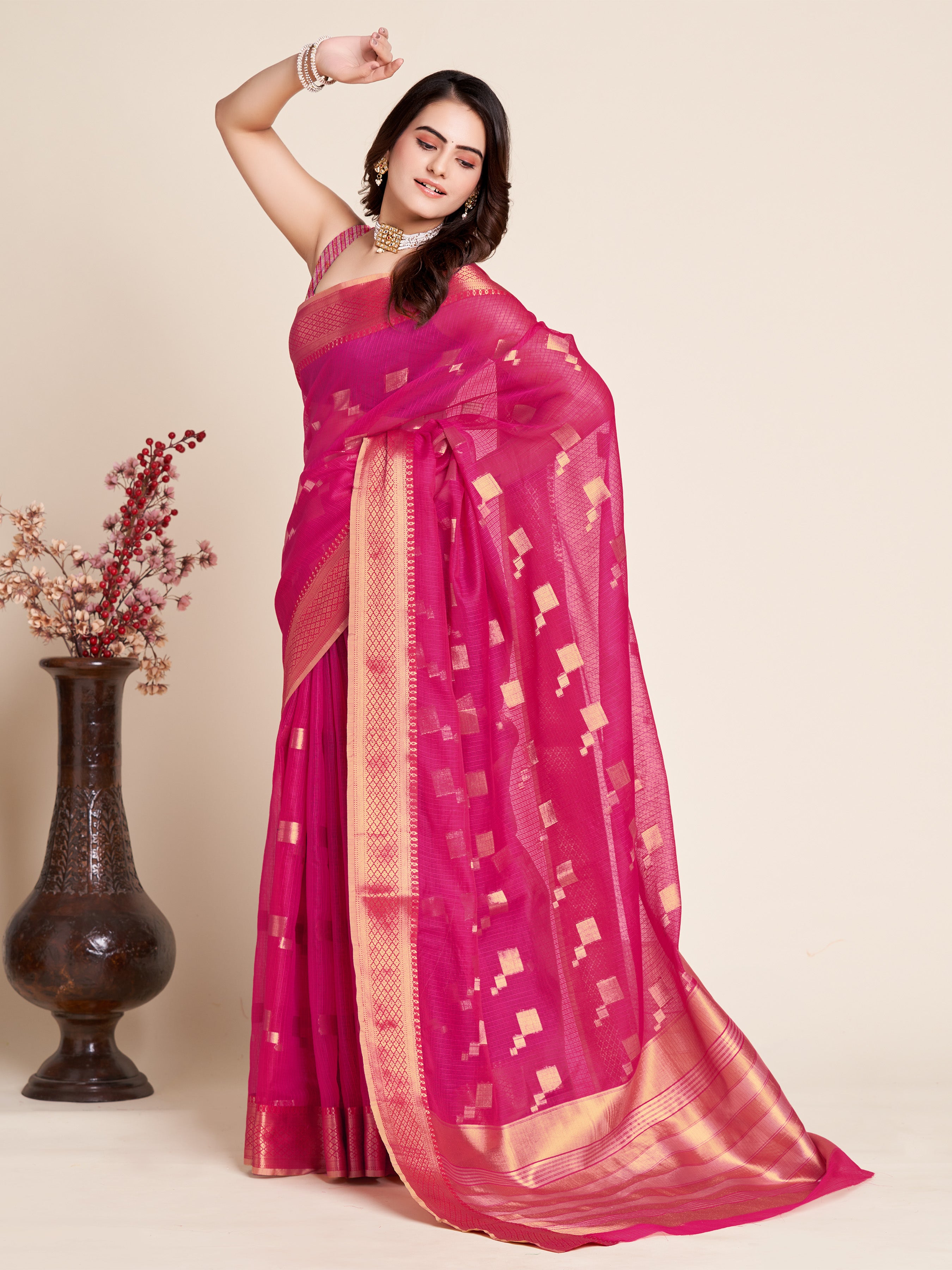 Vedant Vastram Cotton Silk Silk Jacquard Fancy Saree - Pink - Distacart