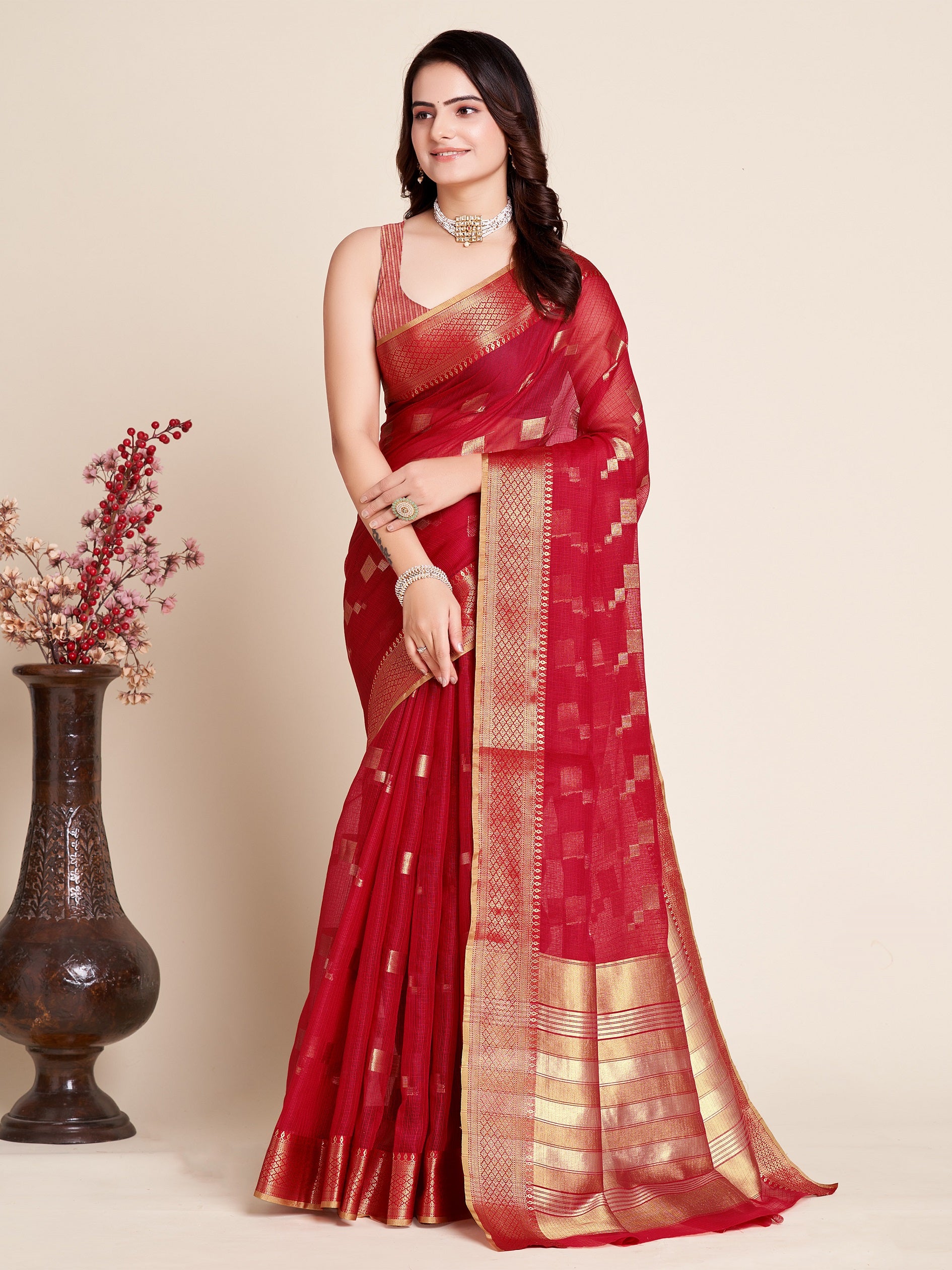 Vedant Vastram Cotton Silk Silk Jacquard Fancy Saree - Red - Distacart