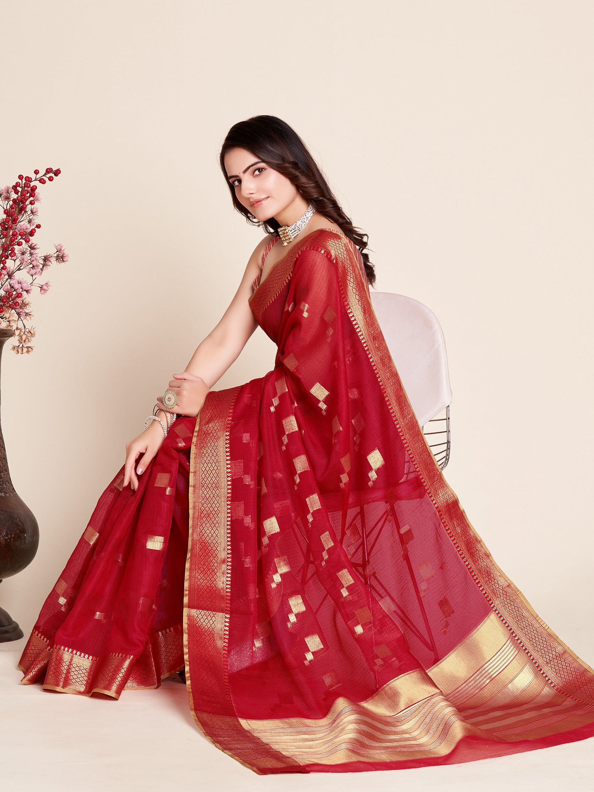 Vedant Vastram Cotton Silk Silk Jacquard Fancy Saree - Red - Distacart