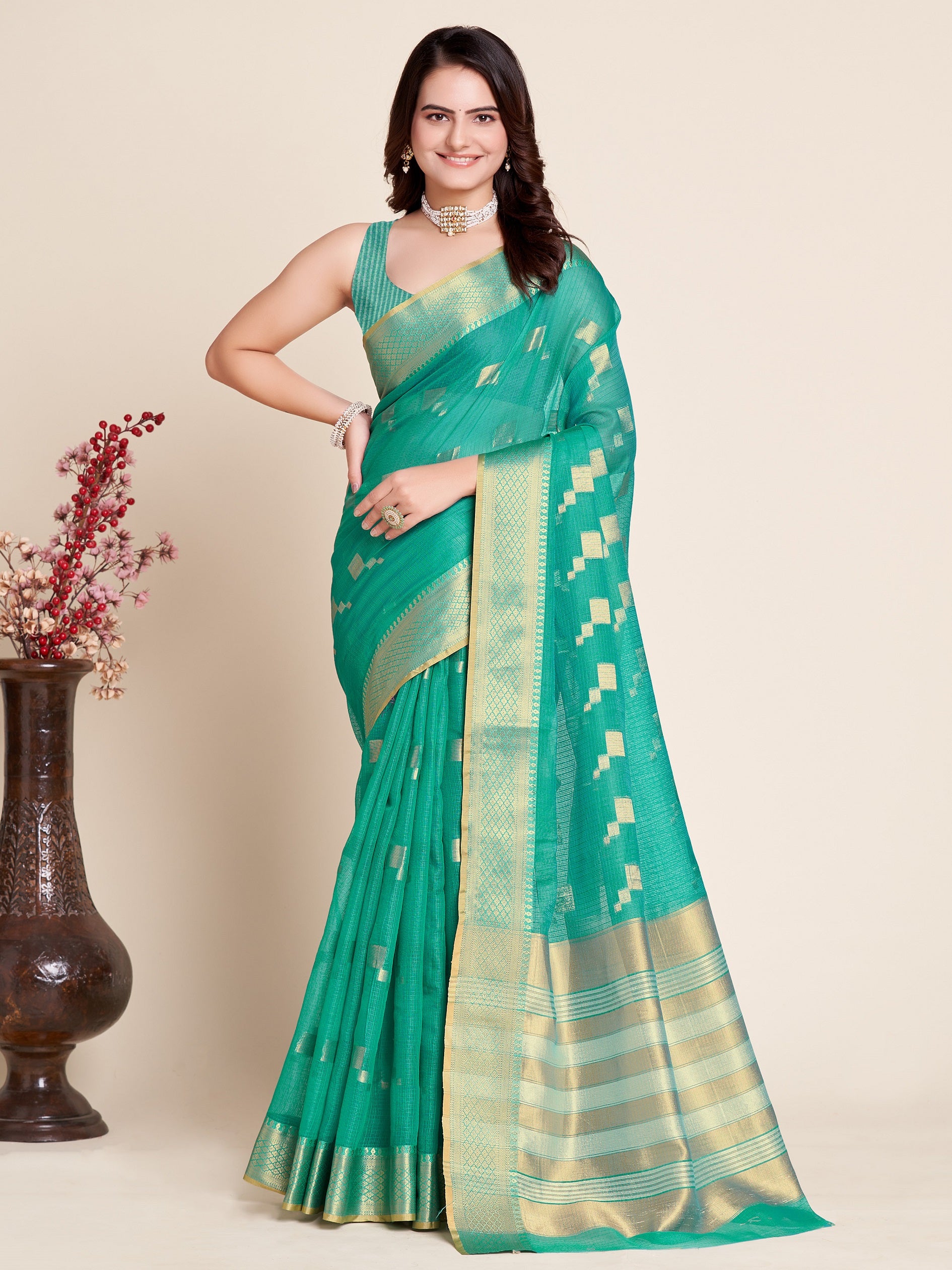 Vedant Vastram Cotton Silk Silk Jacquard Fancy Saree - Seegreen - Distacart