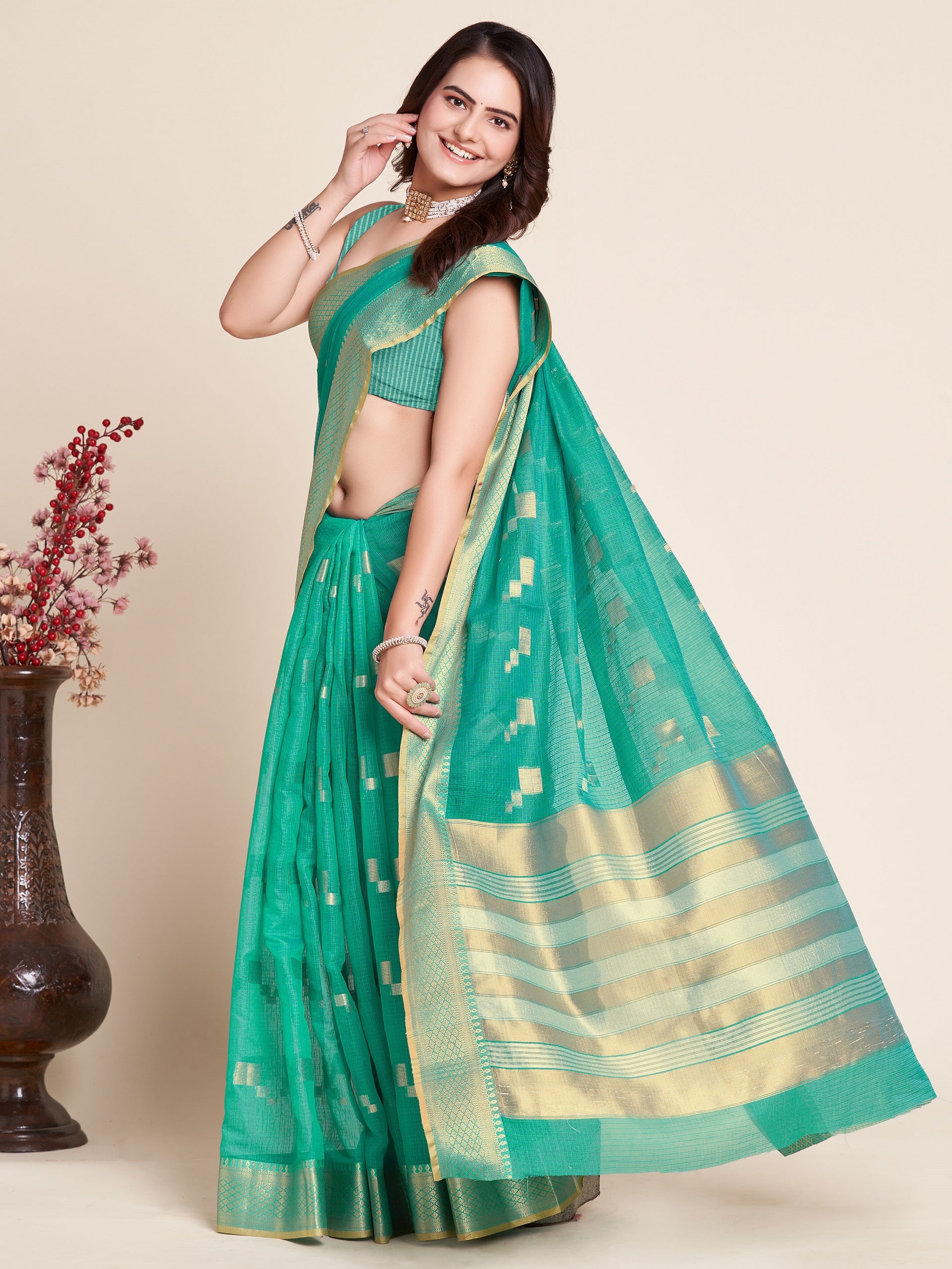 Vedant Vastram Cotton Silk Silk Jacquard Fancy Saree - Seegreen - Distacart