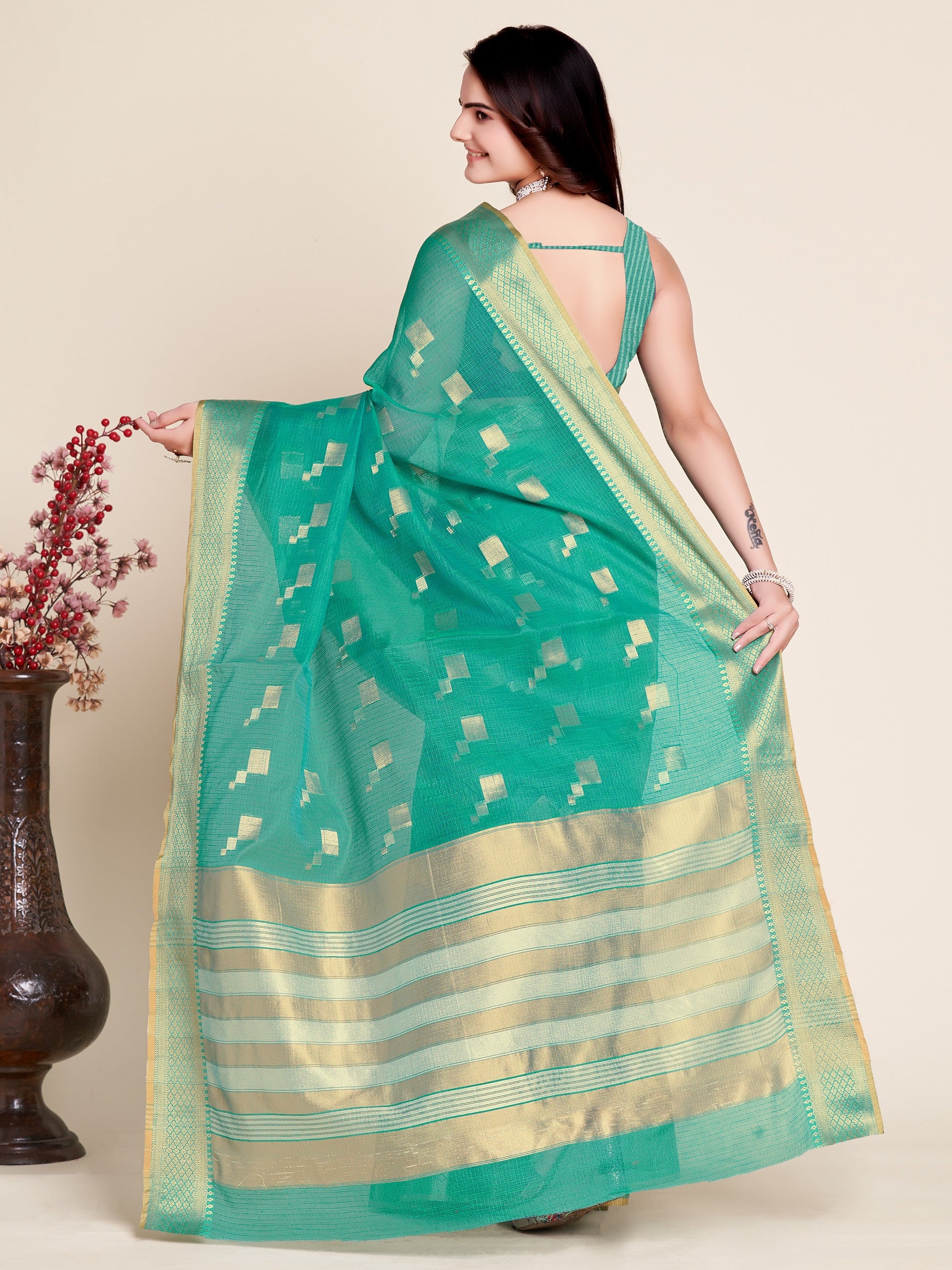 Vedant Vastram Cotton Silk Silk Jacquard Fancy Saree - Seegreen - Distacart
